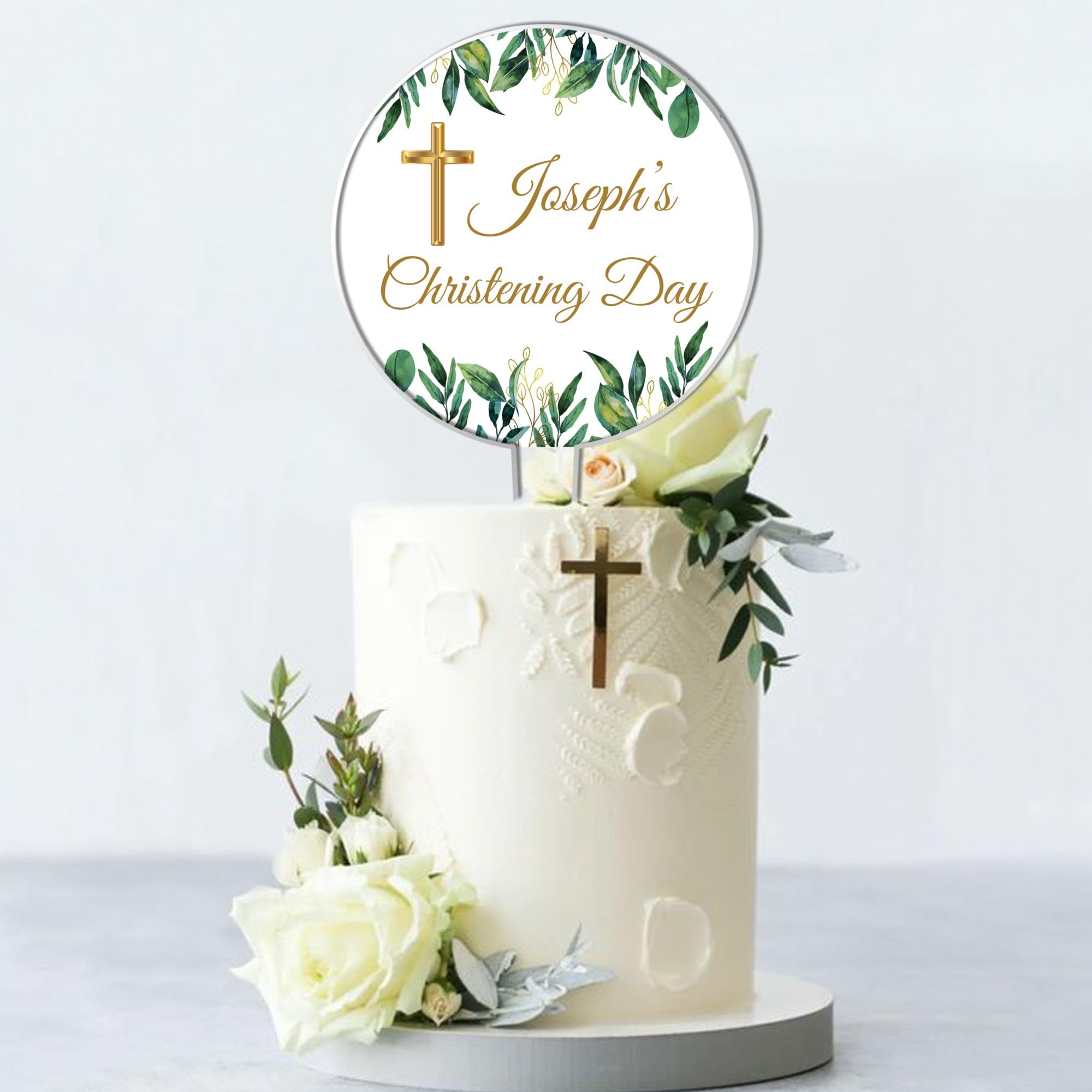 Personalised Children's Acrylic Cake Topper for Christenings, Communions & Confirmations – Custom Name with Floral Wreath Designs (Christening Day, Green)
