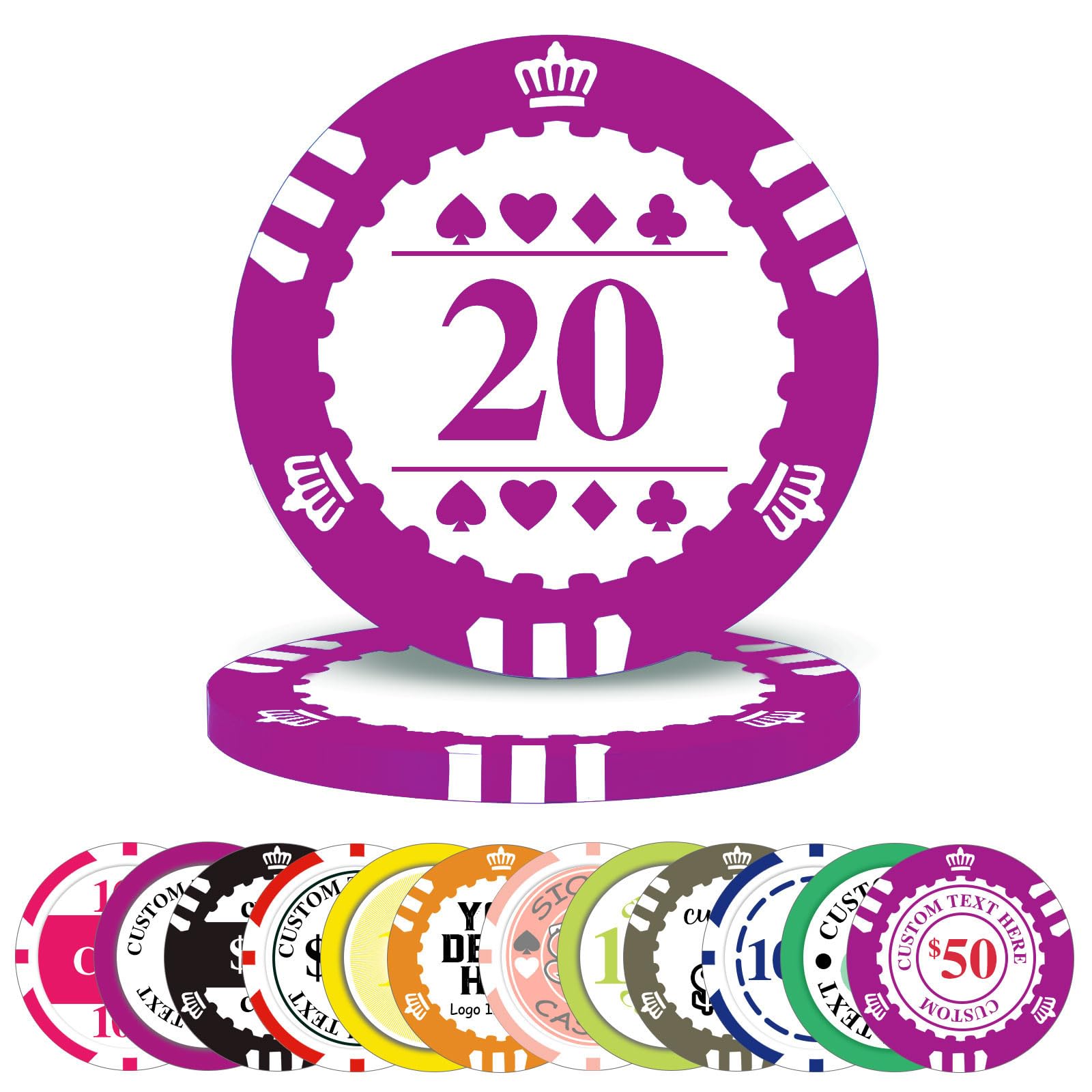100-1000 Pcs Custom Plastic Poker Chips,Personalised Double Sided Full Color,Custom Your Logo Image Text, Design for Business Cards, Bar, Party,Corporate Events, Drink Token (Purple)