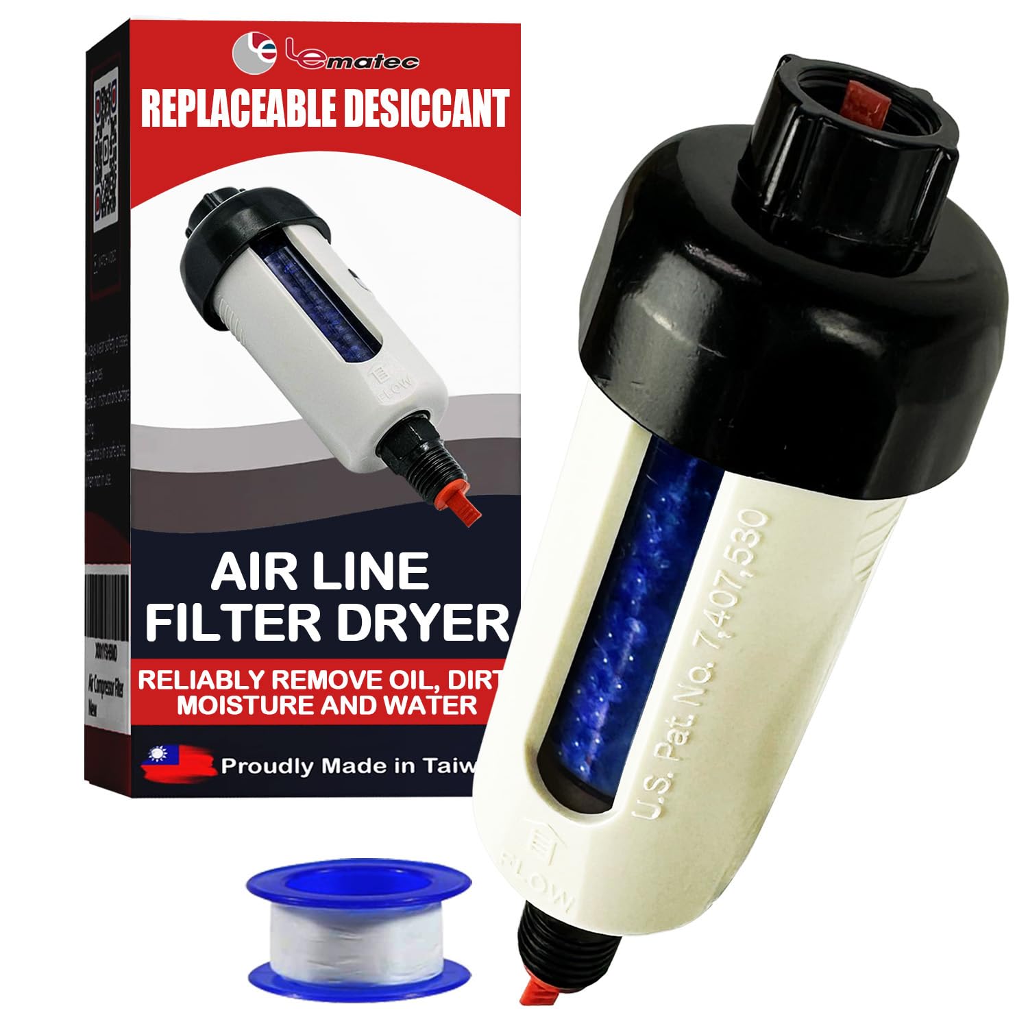 LE LEMATEC Air Dryer for Compressor, Replaceable Desiccant Filter with Teflon, Water Separator for Compressed Air Up to 150 PSI, Compatible with All Pneumatic Tools (ZN312-D-C1)