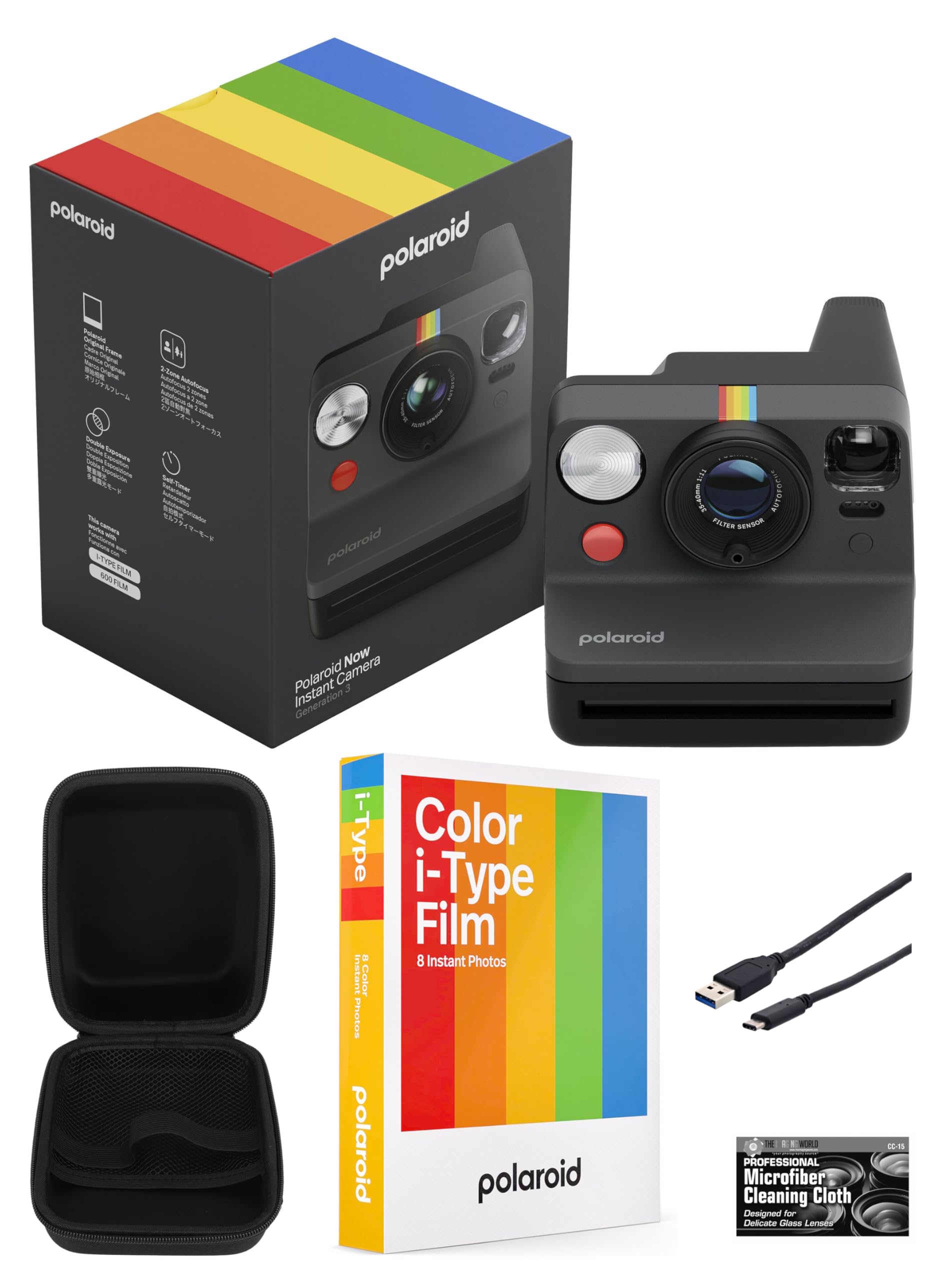 Polaroid Now Generation 3 i-Type Instant Camera (Black) with 8 i-Type Color Film Starter Bundle + Hard Case, Charging Cable and Cleaning Cloth-image-34
