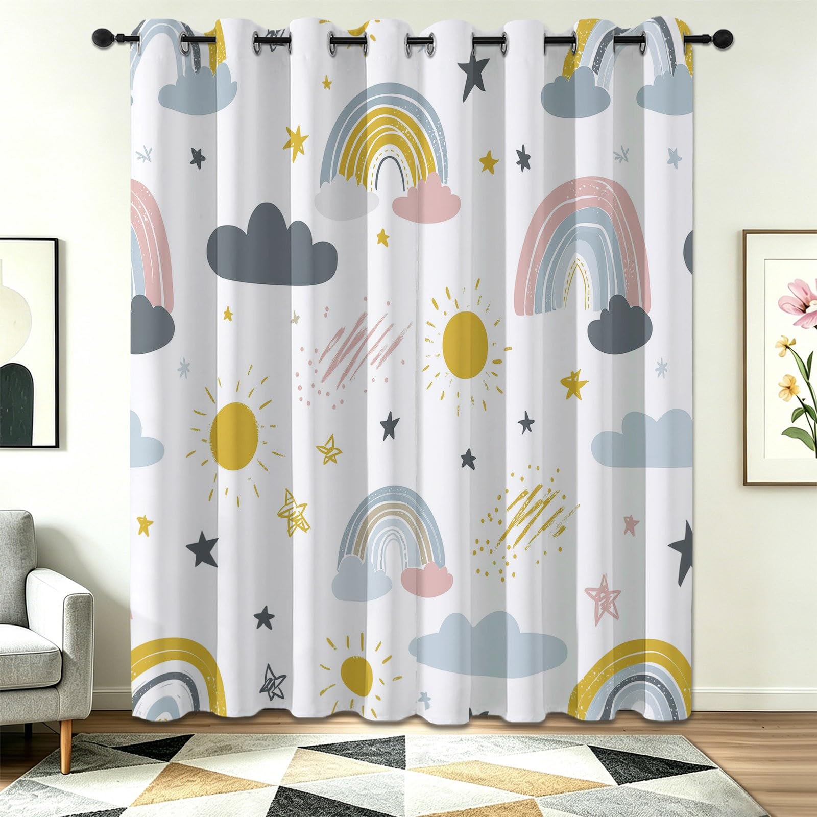 Rideaux Set de 2 70 x 240 cm, Blanc Dessin Animé Réduction du Bruit Résistant à la décoloration Rideau, Arc-en Étoile Filante Nuage Soleil Étoiles Imprimer Rideaux pour Cuisine Salle à Manger Salon