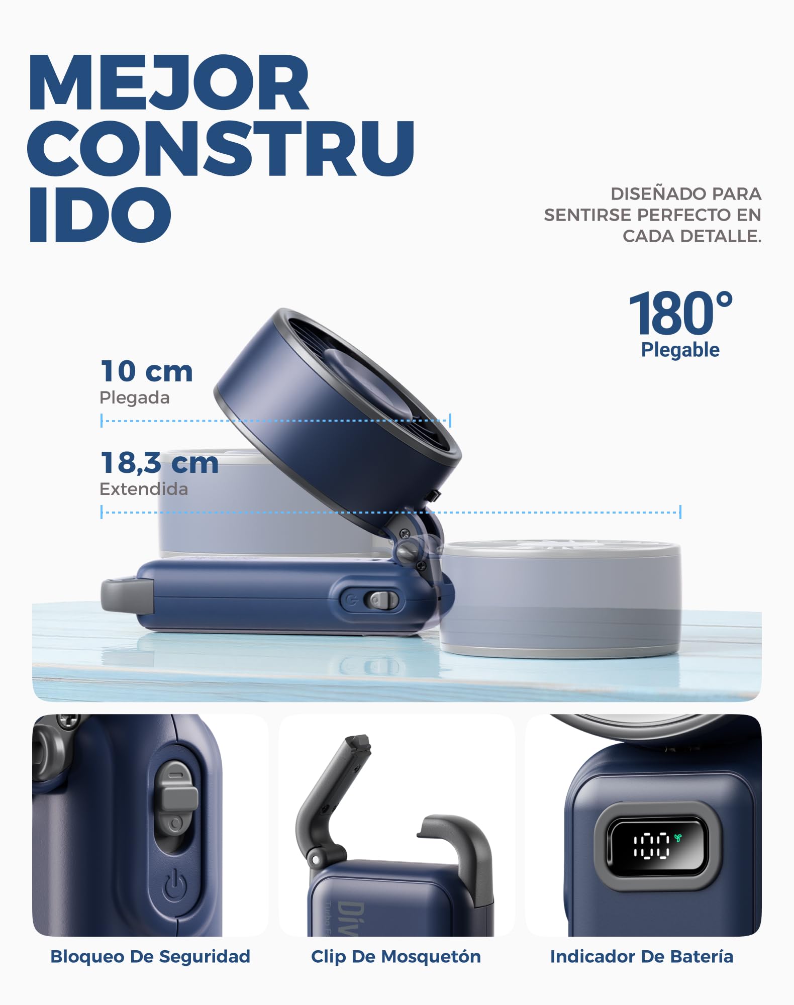 Diveblues Ventilador de Mano Turbo Portátil, 100 Velocidad, Flujo de Aire Potente de 7,4 m/s, Mini Ventilador Plegable 180° 4-en-1 para Mano, Cuello o Mesa, Recargable para Verano, Viajes y Exterior — view 8