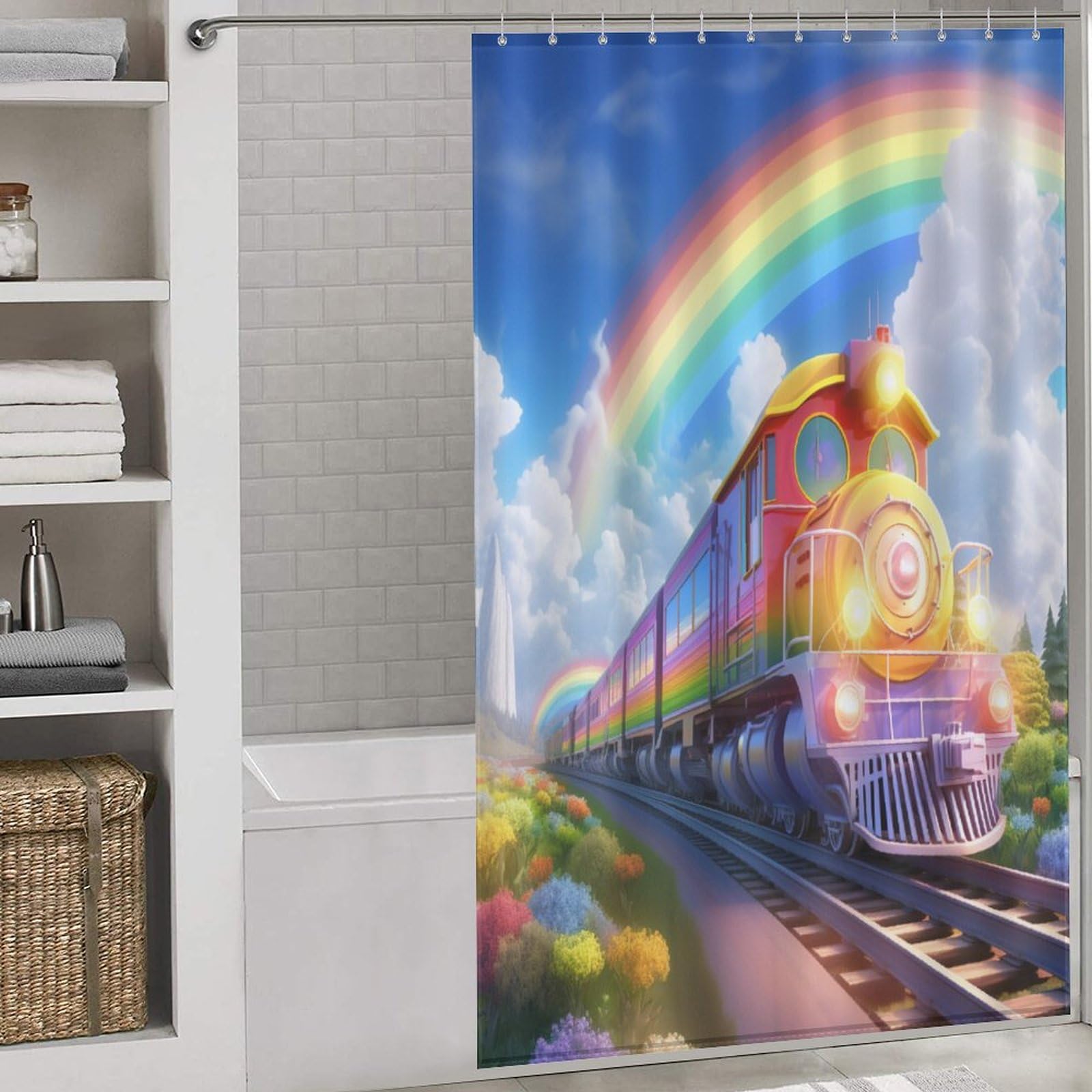 Rideaux salle de bain train arc-en-ciel pour douche familiale