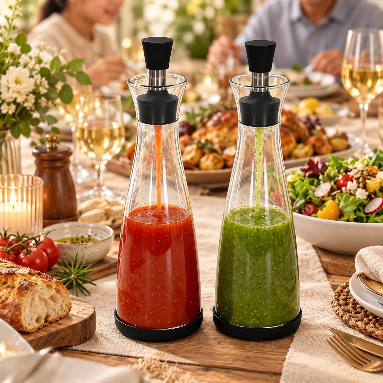 2 Packs Glass Salad Dressing Bottles, Leak-Proof Oil Dispenser for Kitchen, High Borosilicate Glass Sauce Bottles with Non-Slip Base for Salad, Cooking, and Condiments