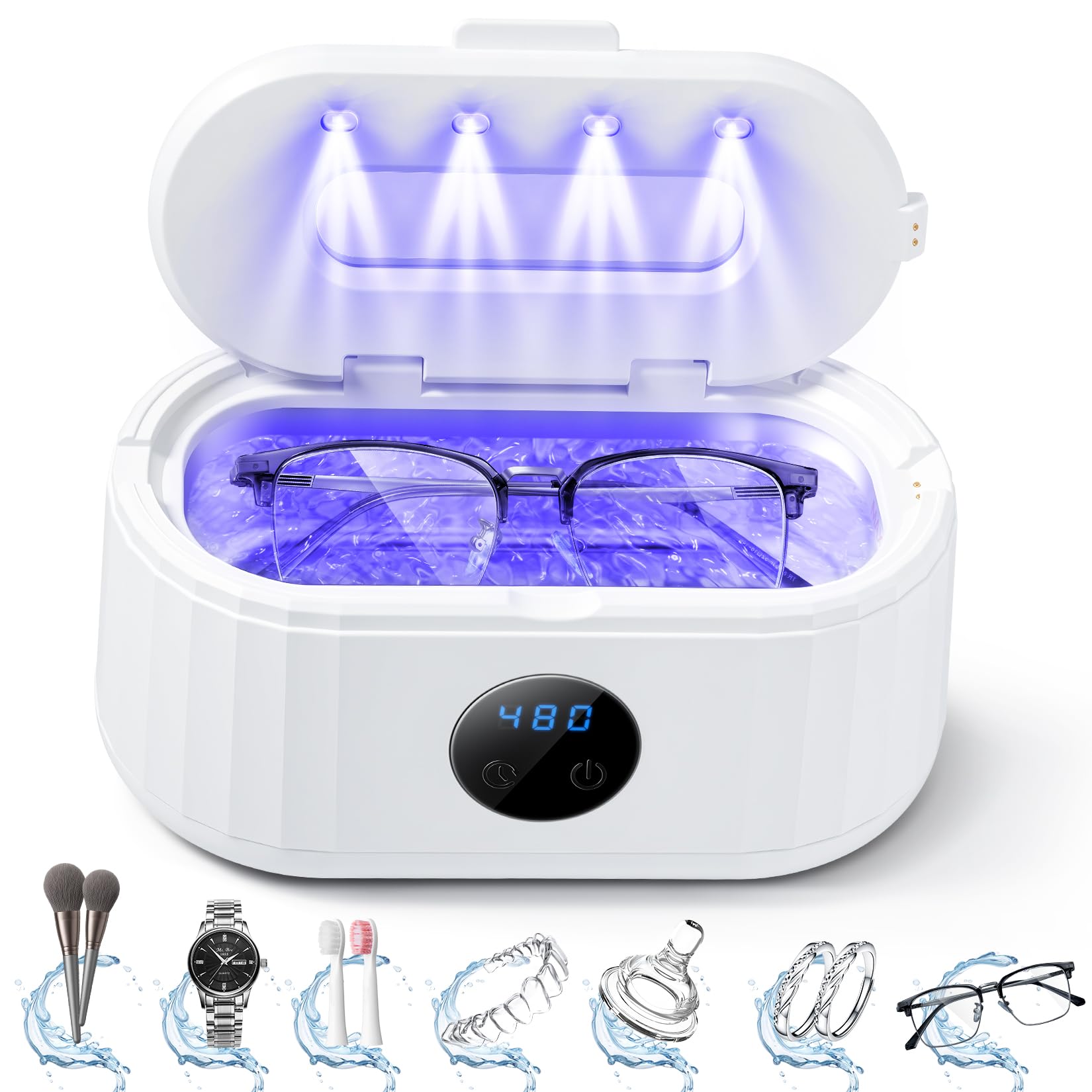 Limpiador ultrasónico de joyas, máquina limpiadora ultrasónica de 49 Khz para dentaduras postizas, lentes, correa de reloj, aparatos ortopédicos, anillos, joyas, 5 modos de limpieza con luz azul y