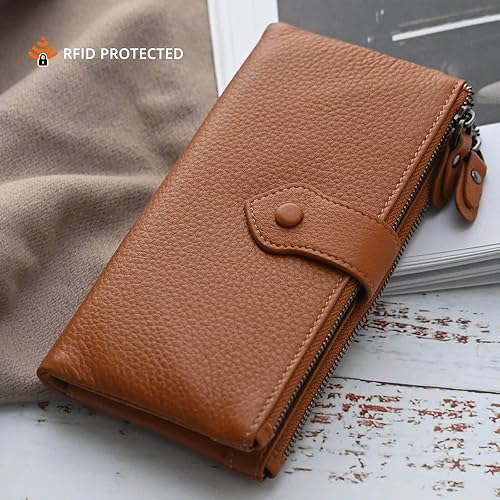 Miniatura 4 de Bveyzi Carteras delgadas de cuero suave para mujer, con bloqueo RFID, doble bolsillo con cremallera