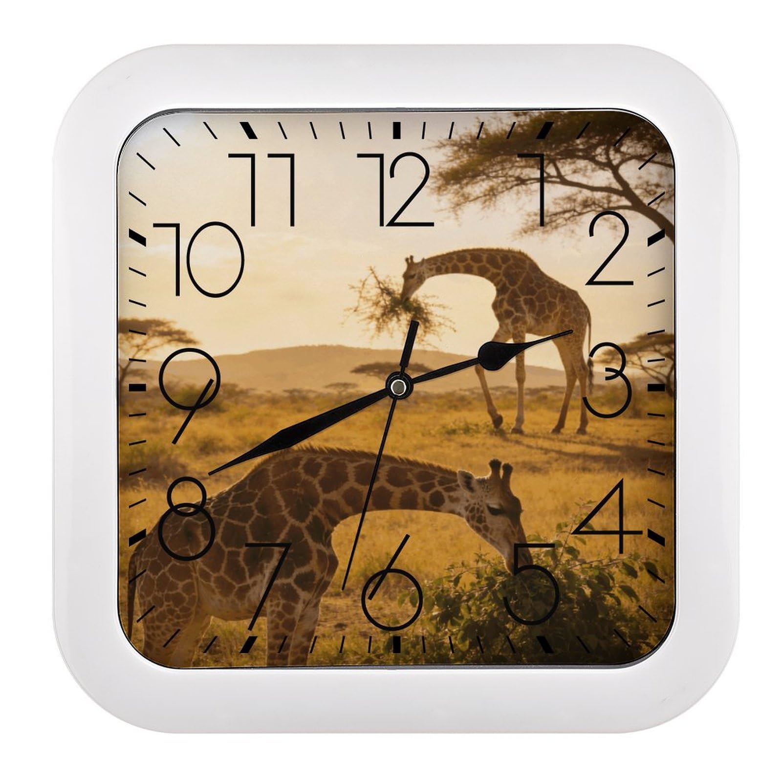Fodpand Style African Giraffes Wall Clock,Battery Operated Modern Retro Rounded Square Clock Clock For Bedroom Living Room Office Home Gym Porch Decor Indoor Outdoor 10.2 * 10.2In