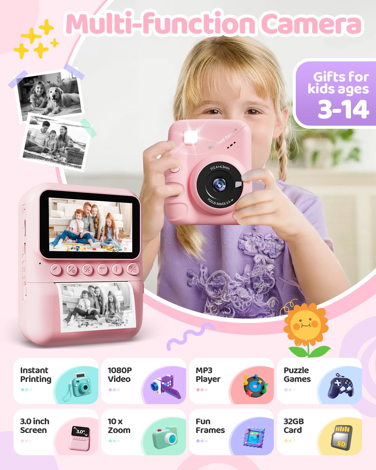 TIATUA Macchina Fotografica Bambini Istantanea, 3.0 Pollici 48MP Fotocamera Digitale Bambini con 32GB Scheda & Papier Photo, Regalo di Natale per Bambini dai 3-12 Anni