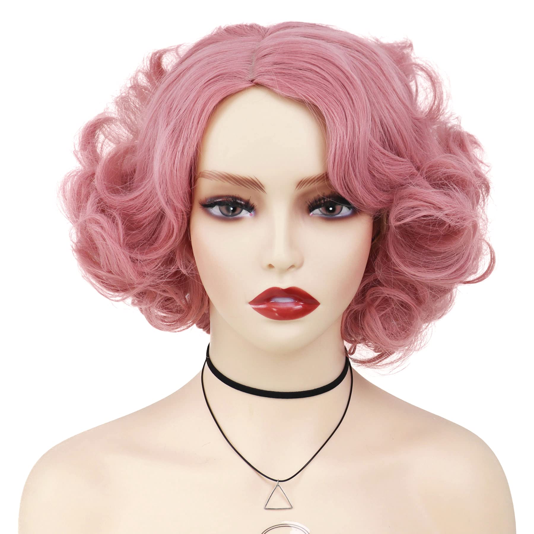 GNIMEGIL Short Pink Curly Wig for White Women Cosplay Short Wavy Big Curly Hairstyle Synthetic Fiber Hair Fancy Dress Up Drag Queen Costume Party
