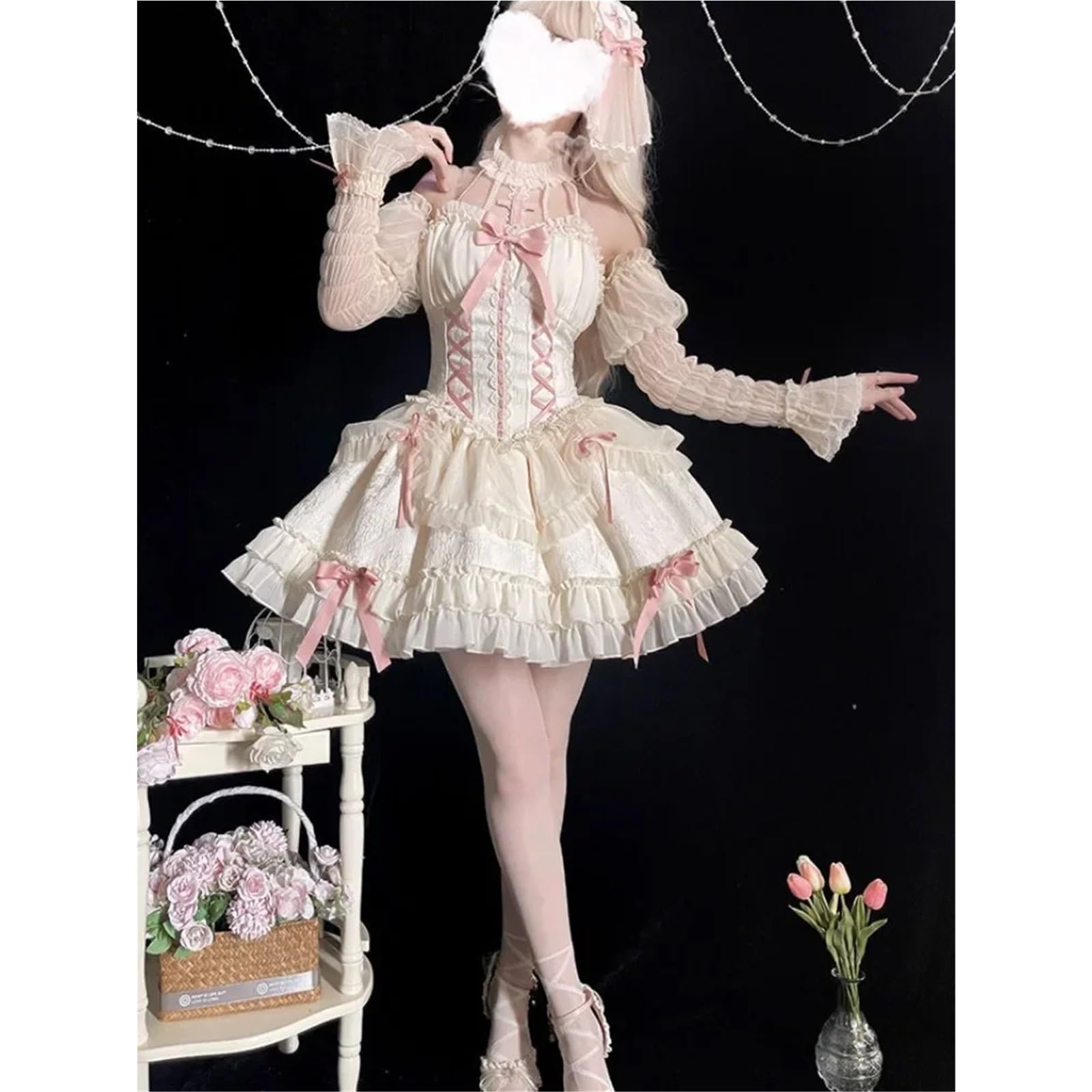 Vestido Corto Femenino de Verano Estilo Harajuku Lolita, Estilo gótico, con Cuello Halter, Hombros Descubiertos, Manga Larga, Estilo Kawaii, Ajustado con Lazo para Fiestas, mascaradas(S)