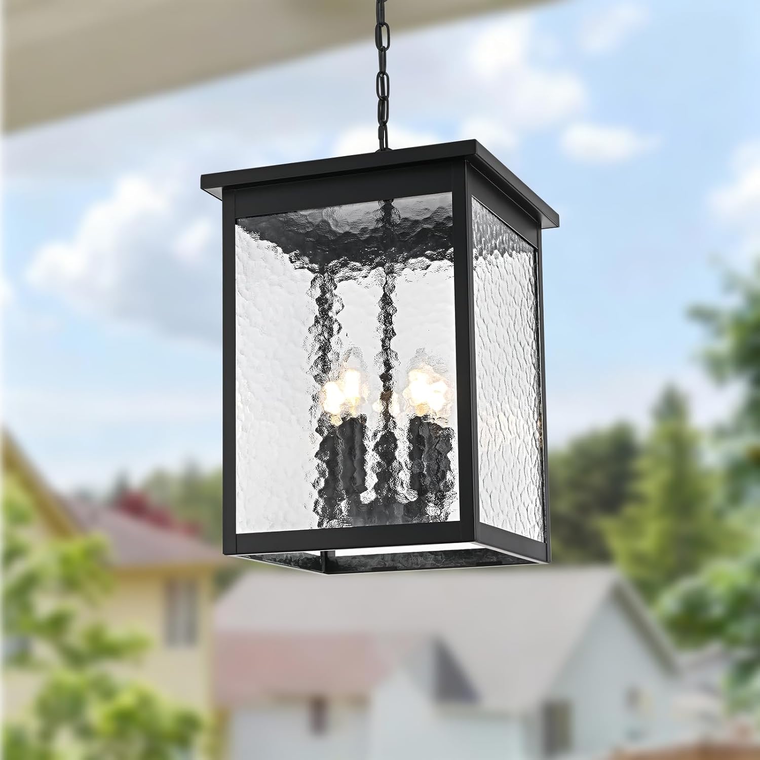 5-Light Black Large Outdoor Pendant Light Fixture, Adjustable Height Outside Hanging Porch Lighting, Exterior Ceiling Mount Lamp with Hammered Glass Panel, E12 Bulb Base