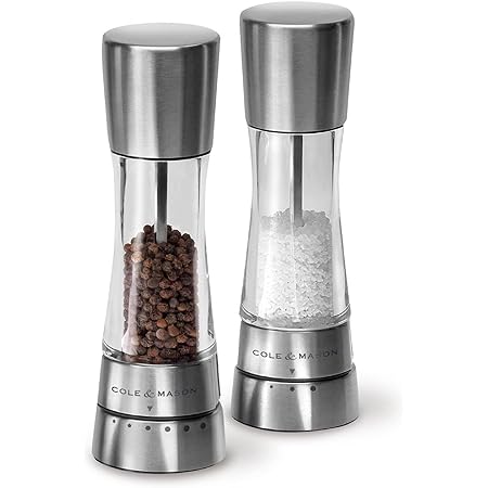 COLE & MASON Derwent Salt and Pepper Grinder Set - Stainless Steel Mills Include Gift Box, Gourmet Precision Mechanisms and Premium Sea Salt and Peppercorns