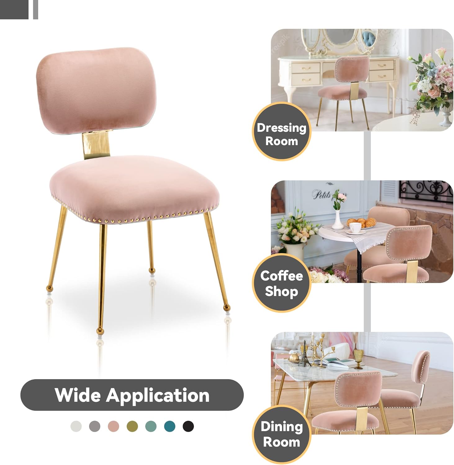 Dining Chairs, Modern Velvet Upholstered Accent Chairs Set of 2, Vanity Chair with Gold Metal Legs for Living Room, Bedroom and Waiting Room (Pink)