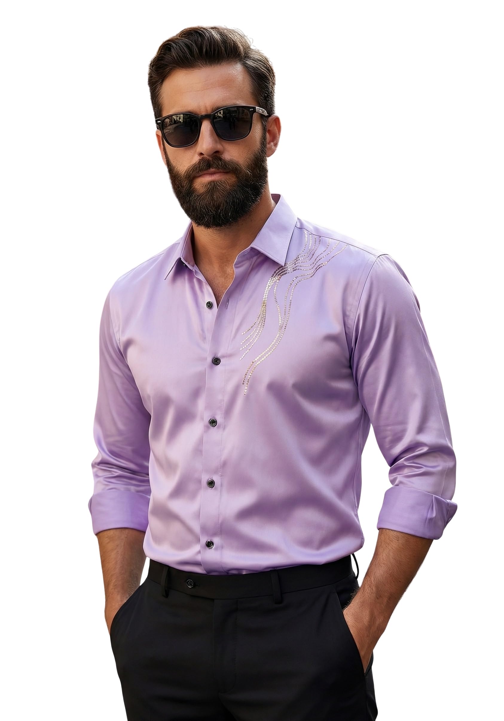 IndoPrimo Elegante camisa de satén para hombre, corte normal, estilo casual, estilo de diseñador, trabajo de piedra, fiesta, manga formal