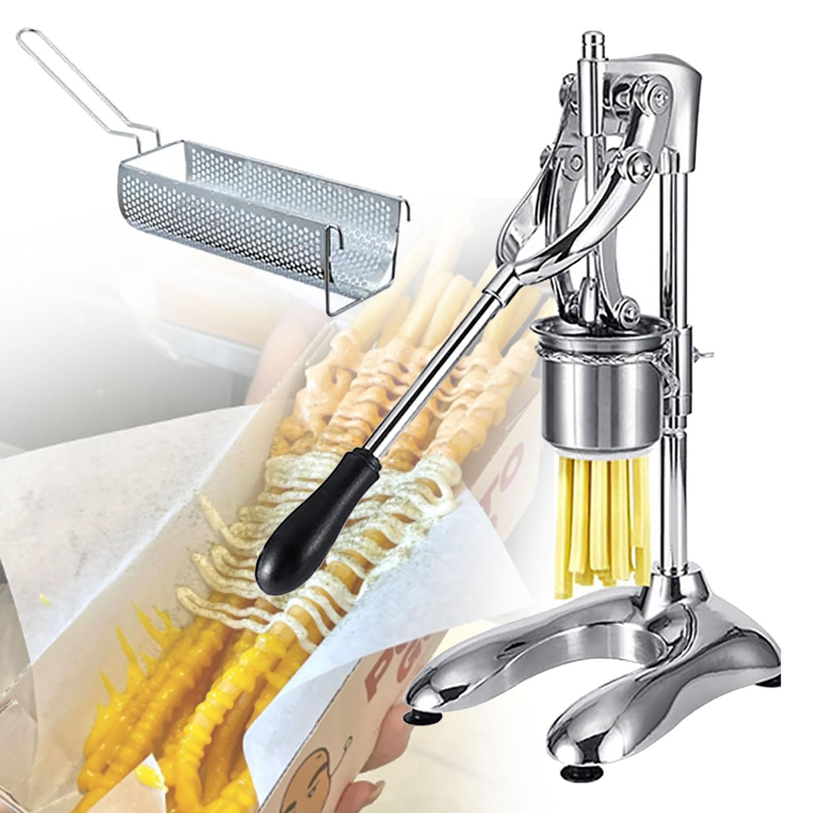 Máquina manual de patatas fritas, cortador de patatas fritas con 12 agujeros con cesta, cortador de patatas de acero inoxidable para patatas fritas largas