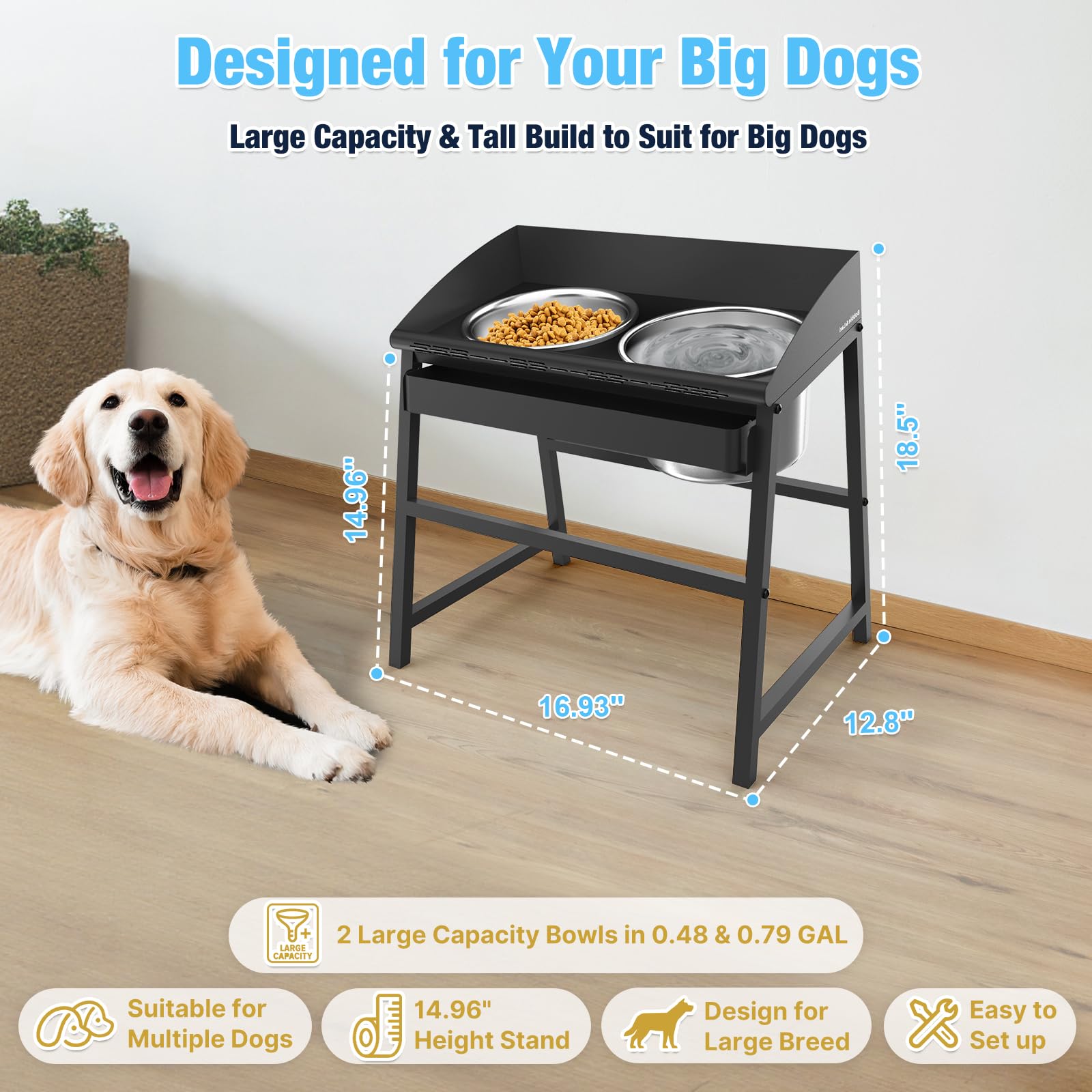 Cuencos elevados para perros grandes, juego de cuencos elevados de 15 pulgadas de alto para alimentos y agua con soporte, diseño de metal completo a prueba de derrames y cuencos de acero inoxidable