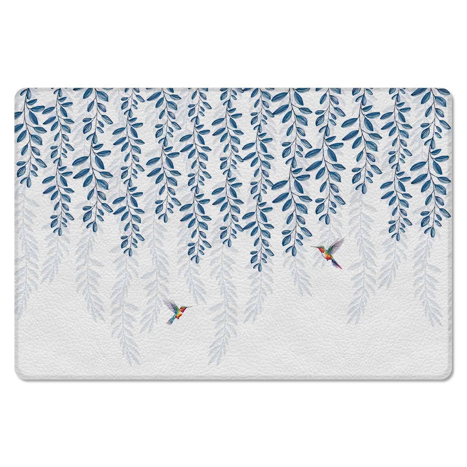 Geometric Leaves Kitchen Bath Door Mat Cushioned Runner Rug,Washable Welcome Floor Sink Antifatigue Mat,Waterproof & Non-Slip Comfort Standing Doormat,Spring Botanical Birds Modern White 18