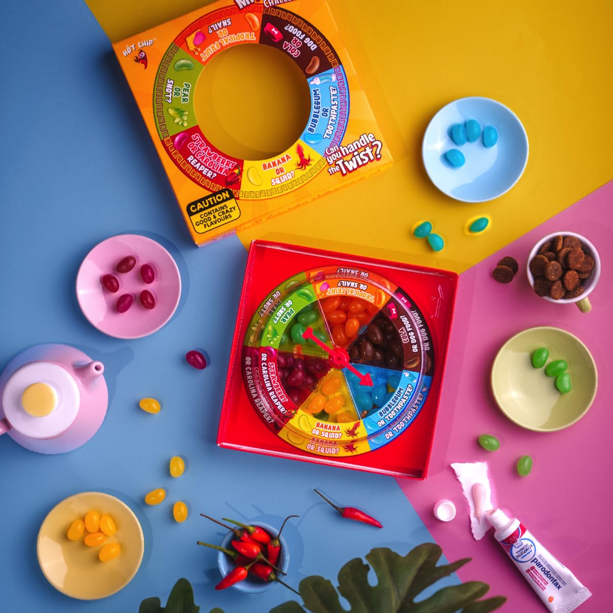 HOT-CHIP Mr. Twister Challenge Trio Pack – 3x 120g Ruleta de sabores con Jelly Beans dulces y locos – Divertido juego de fiesta con sabores sorpresa – Ideal para amigos y familia