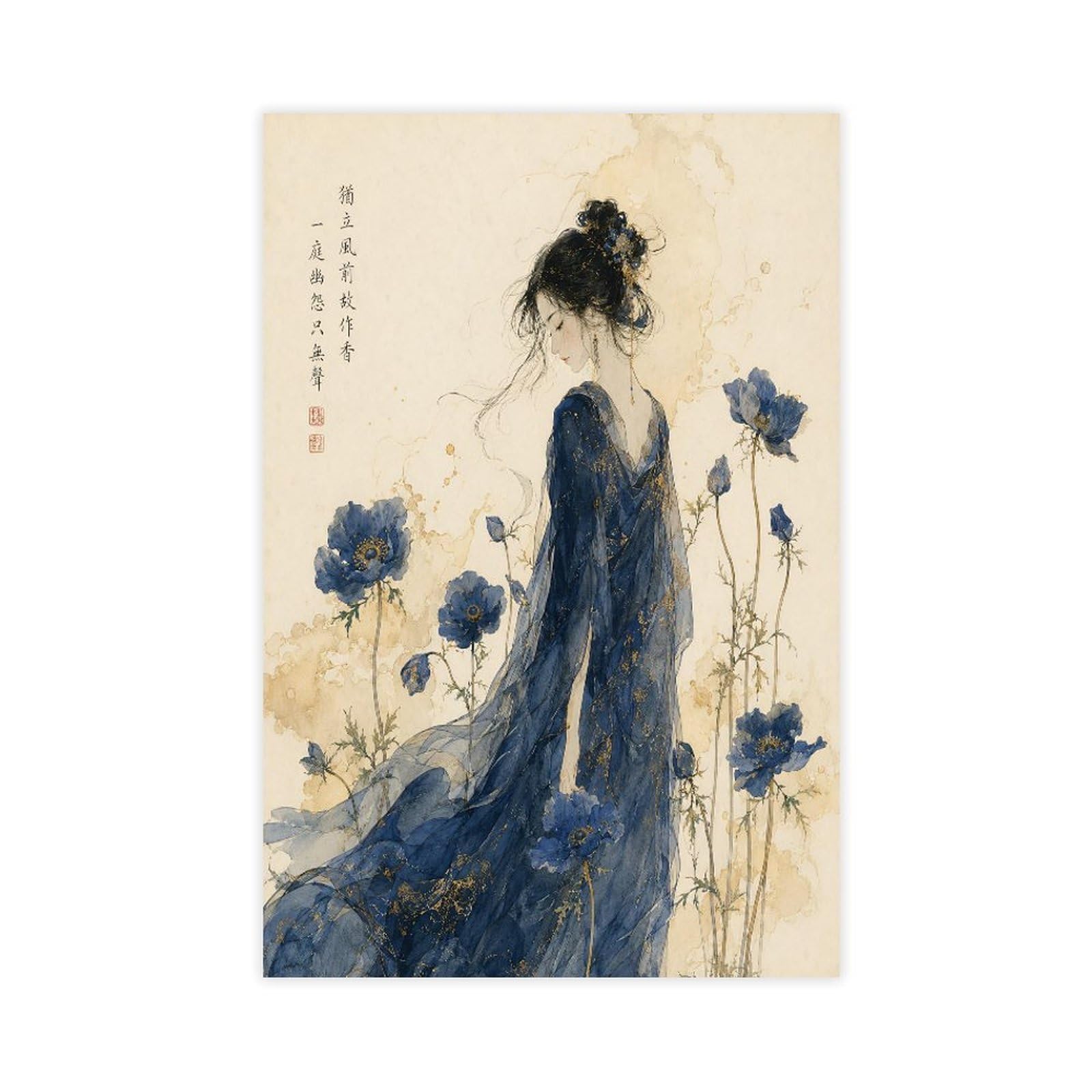 W7c8u2x3 Unframe-Style-21 Blue Dress Woman With Flowers Canvas Wall Art, Entryway
