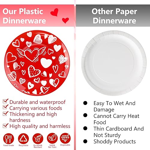 Miniatura 2 de Juego de vajilla de plástico para el día de San Valentín, 175 piezas, platos de plástico desechables rojos y blancos, diseño de corazones de amor,