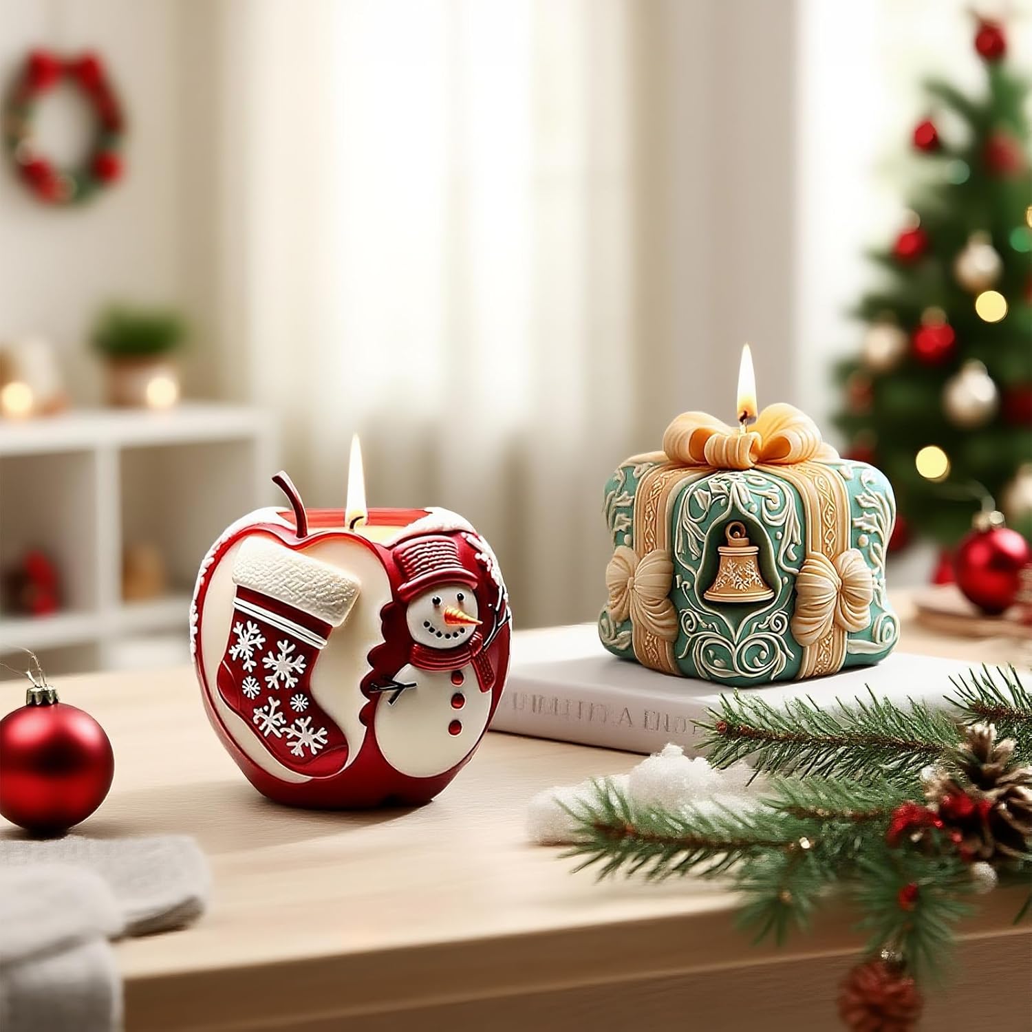 クリスマス雪だるまギフトソックスキャンドル型、リス松ぼっくり、クリスマスシリコーンキャンドル型、キャンドル作り用、エポキシ樹脂鋳造型