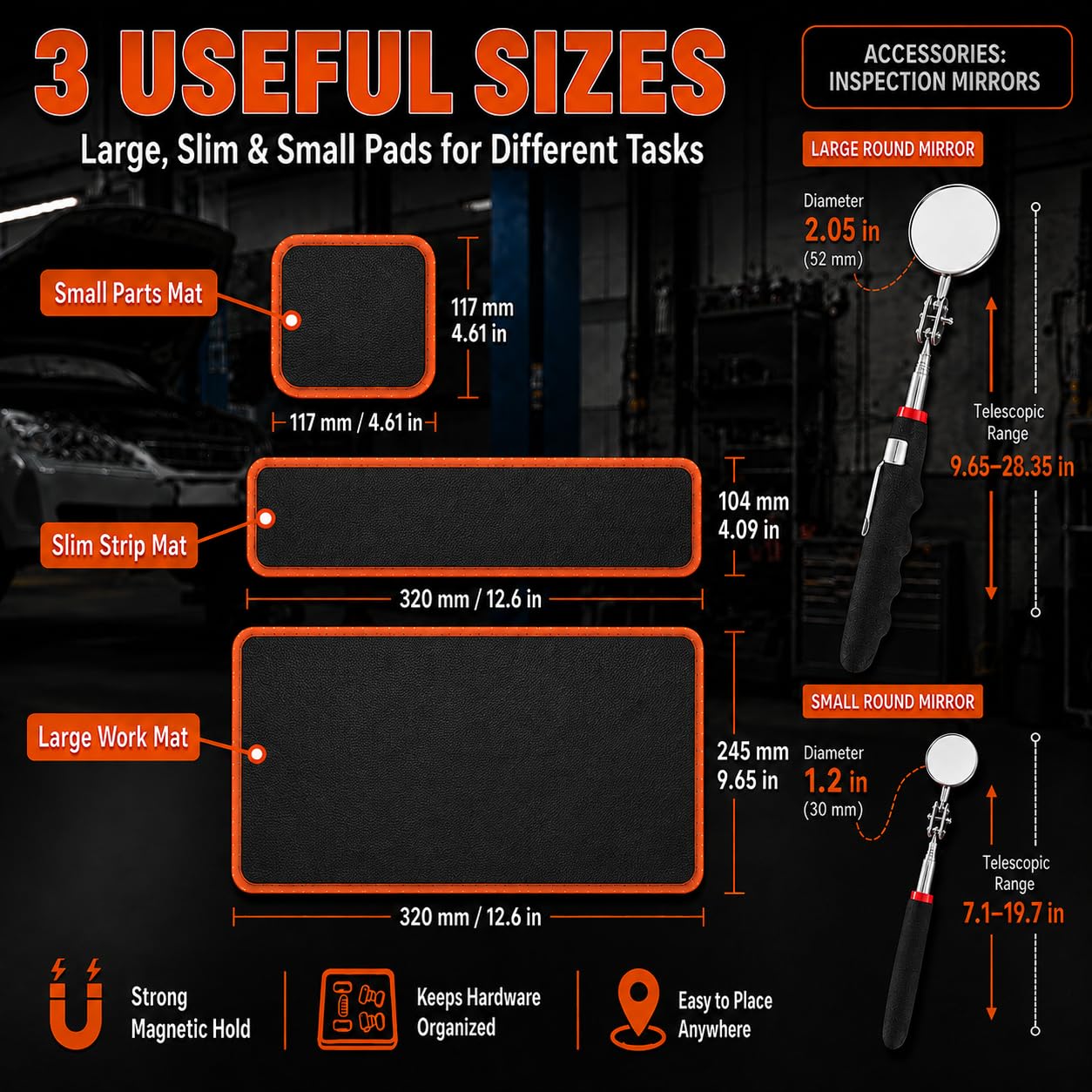 3-Pack Magnetic Tool Mat, 2 Telescoping Mirrors(2.0in & 1.20in) — Amazon image 2