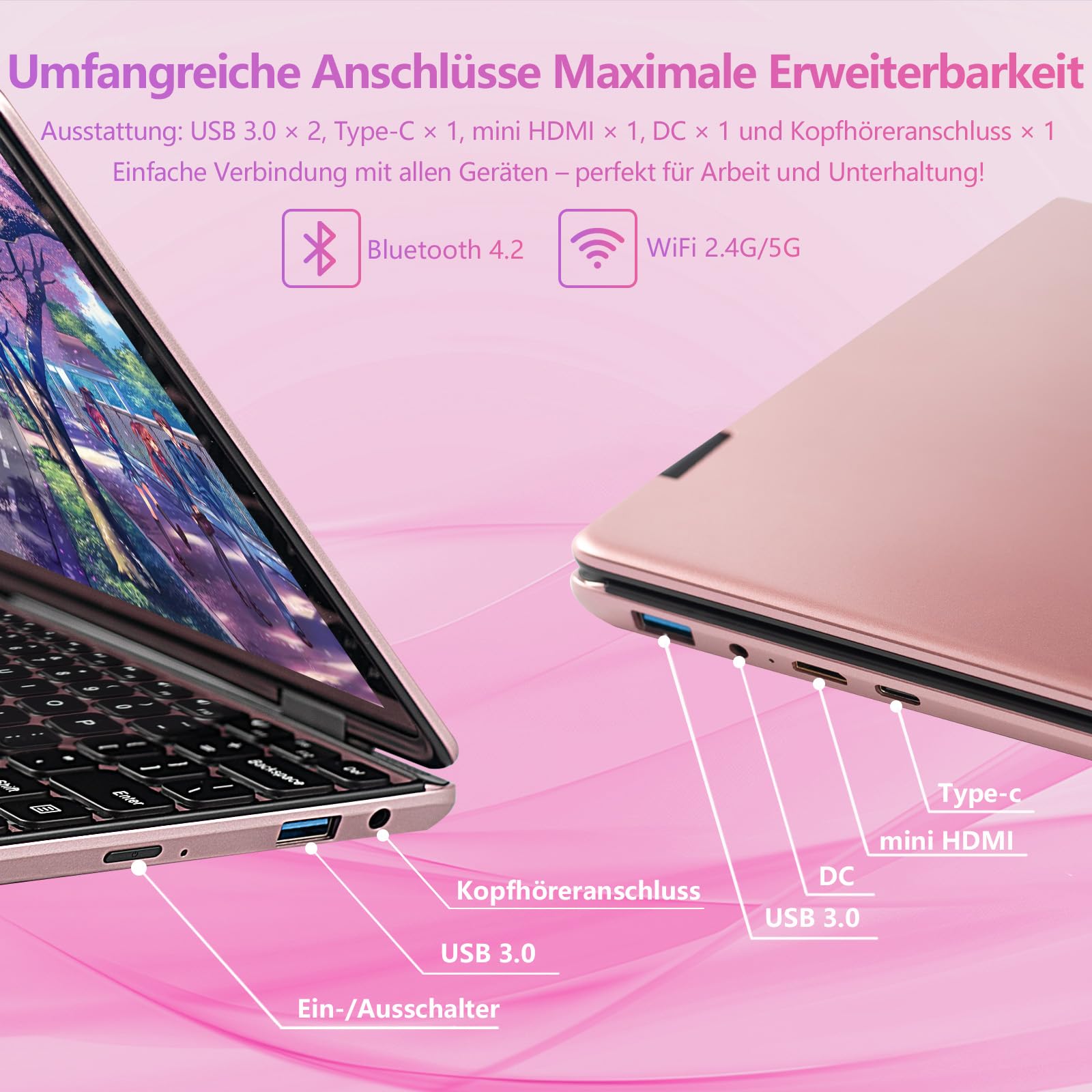 Mini Computer Portatile 2-in-1 10.95 Touchscreen Rotazione 360° Celeron N100 1920x1200 16GB DDR4 Tastiera Italiana BT5.0 Win11 Pro Notebook Rosa 16+512GB SSD