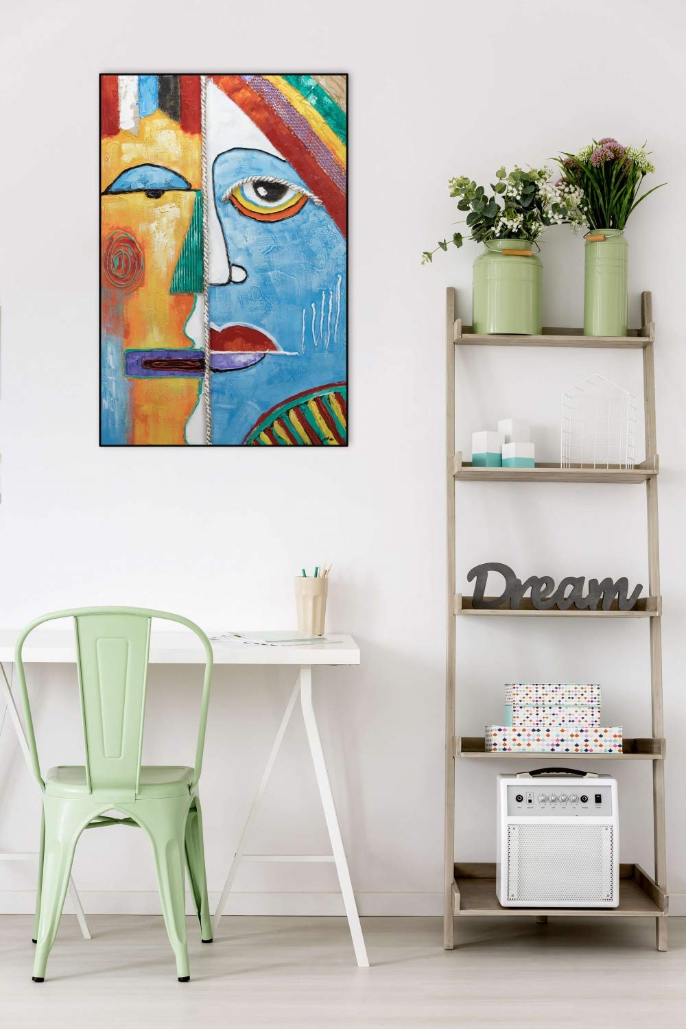 KunstLoft Tableau peinture moderne | 100% PEINT À LA MAIN | 60x90cm | Peinture sur toile 'Two Faces' | Visage | Multicolore | Deco murale salon