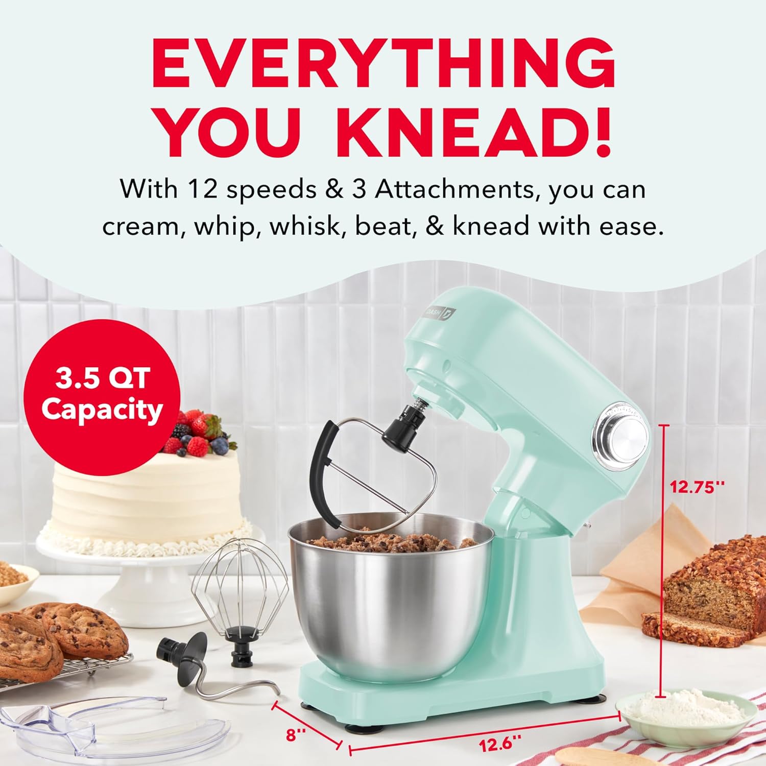 dash stand mixer - tilt-head electric stand mixer with stainless steel bowl and splash guard for baking - aqua, 3.5-quart 3.5 quart aqua
