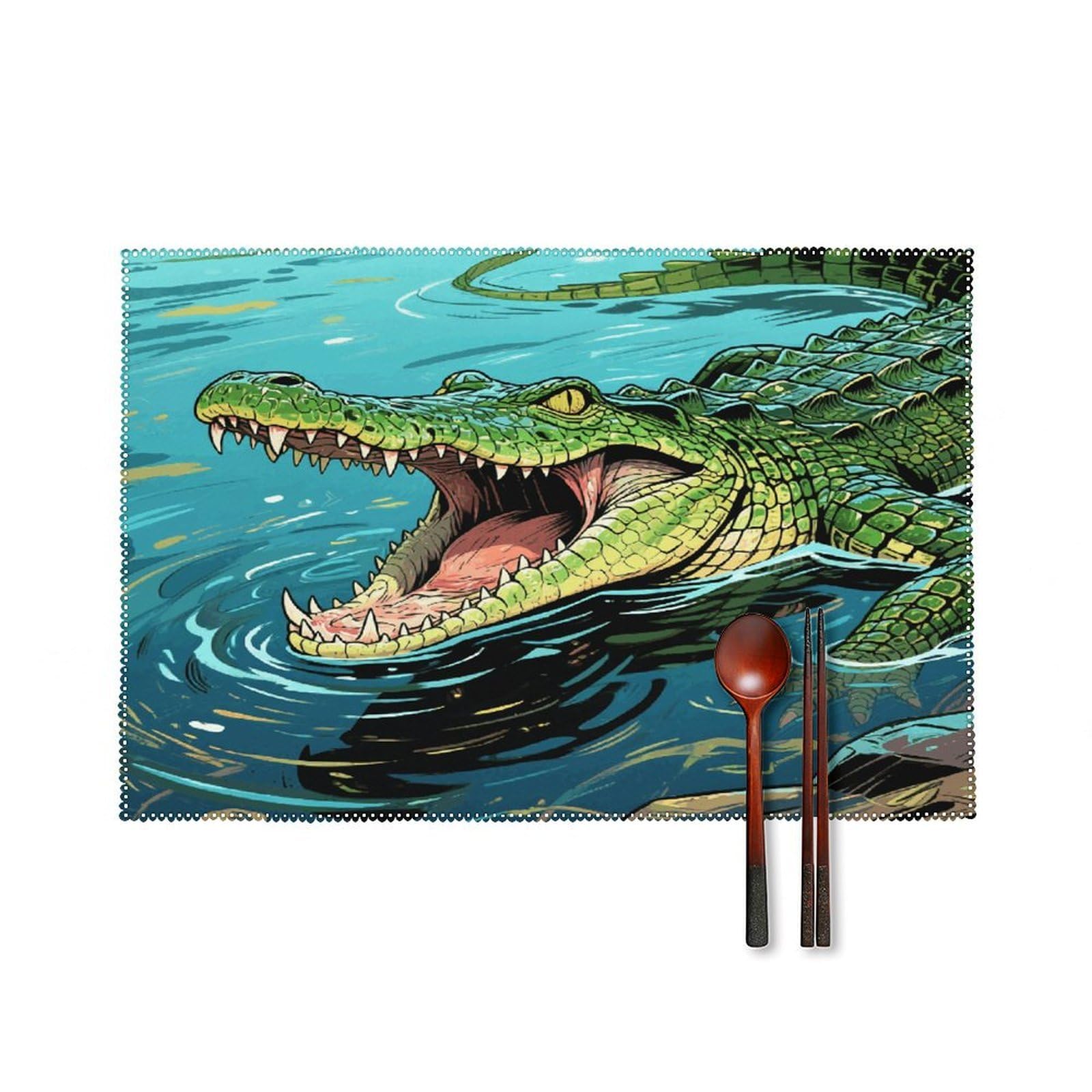 Crocodile in Water Placemats Set of 6 Non-Slip Stain Resistant Indoor Outdoor Table Mat Washable Cloth Place Mat Fashion Kitchen Placemat for Dining Table Decoration 17.7x11.8 in