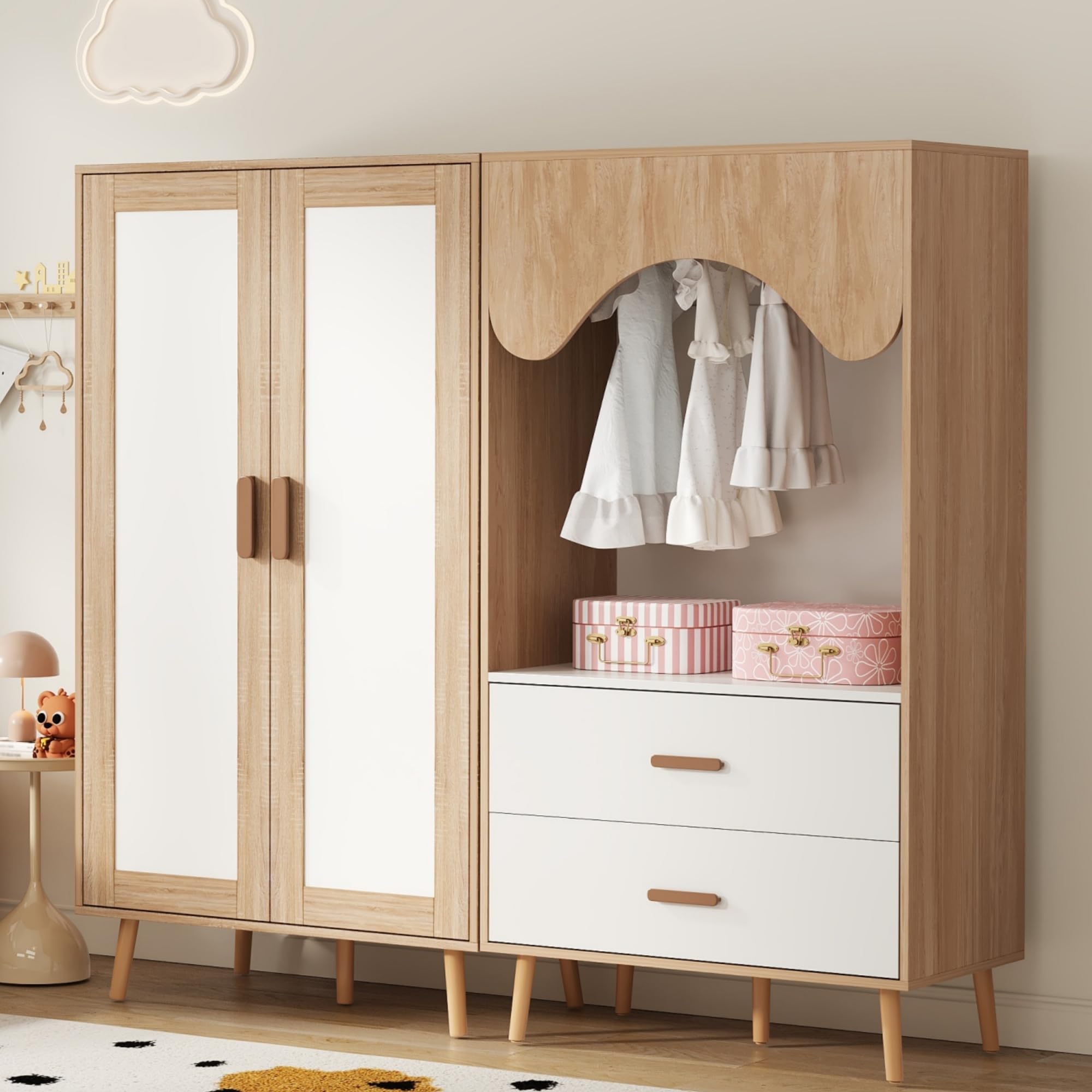 Armario infantil, juego con armario de dos puertas y abierto, para dormitorio, con barra para colgar y cajones, en color blanco y madera, 160 x 46 x 141,5 cm, Natural+Blanco