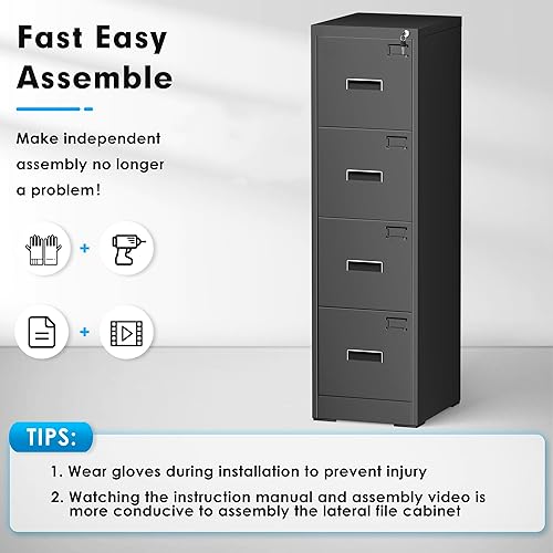Miniatura 4 de Greenvelly Archivador negro con 4 cajones, archivador vertical de 18 pulgadas de profundidad con cerradura, archivador de bloqueo para oficina en