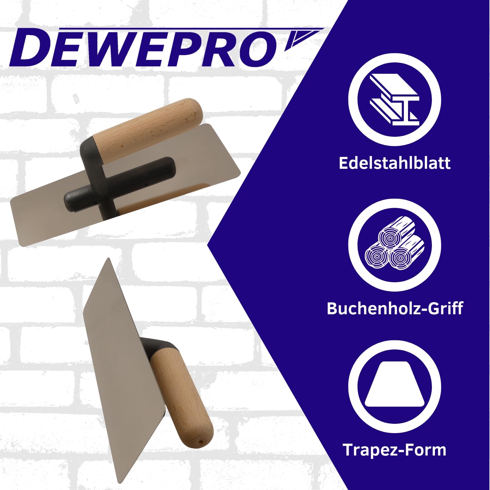 DEWEPRO® Venezianische Glanzputz Glättekelle - Stucco Kelle - Venezianer - trapezförmig - 240x95/75mm - Edelstahlblatt mit abgerundten, geschliffenen und polierten Kanten - Glättkelle