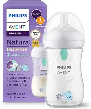 Philips Avent Natural Response Baby Bottle - 260ml Baby Milk Bottle with AirFree Vent, BPA Free for Newborn Babies Aged 1 Months+, Elephant Pattern Model SCY673/81