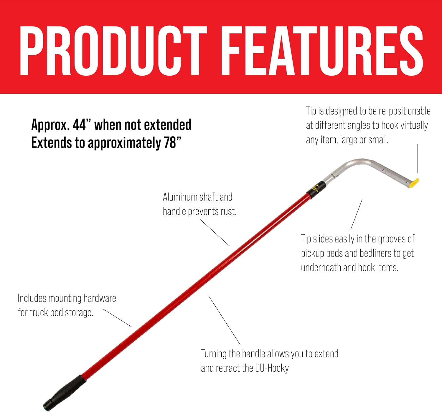 DuHa 70099 DU-Hooky Extendable Reaching Tool with Truck Bed Mounting Clip | Universal Fit | Lightweight Construction | 44-78" Telescoping Reach | Adjustable End