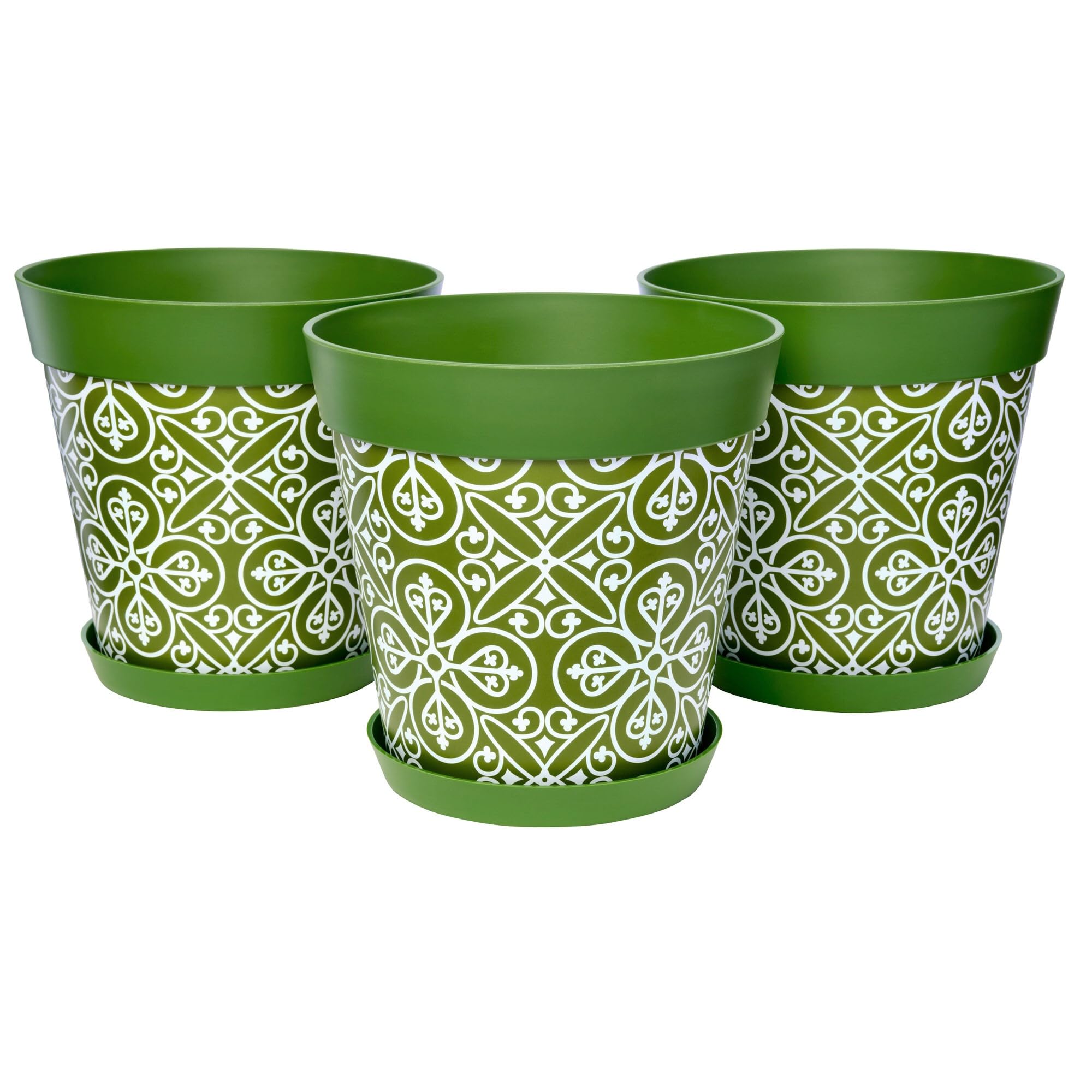 Hum Flowerpots Juego de 3 macetas de plástico para Interiores y Exteriores de 25 cm de diámetro y 3 platillos de 19 cm de diámetro (Verde marroquí)
