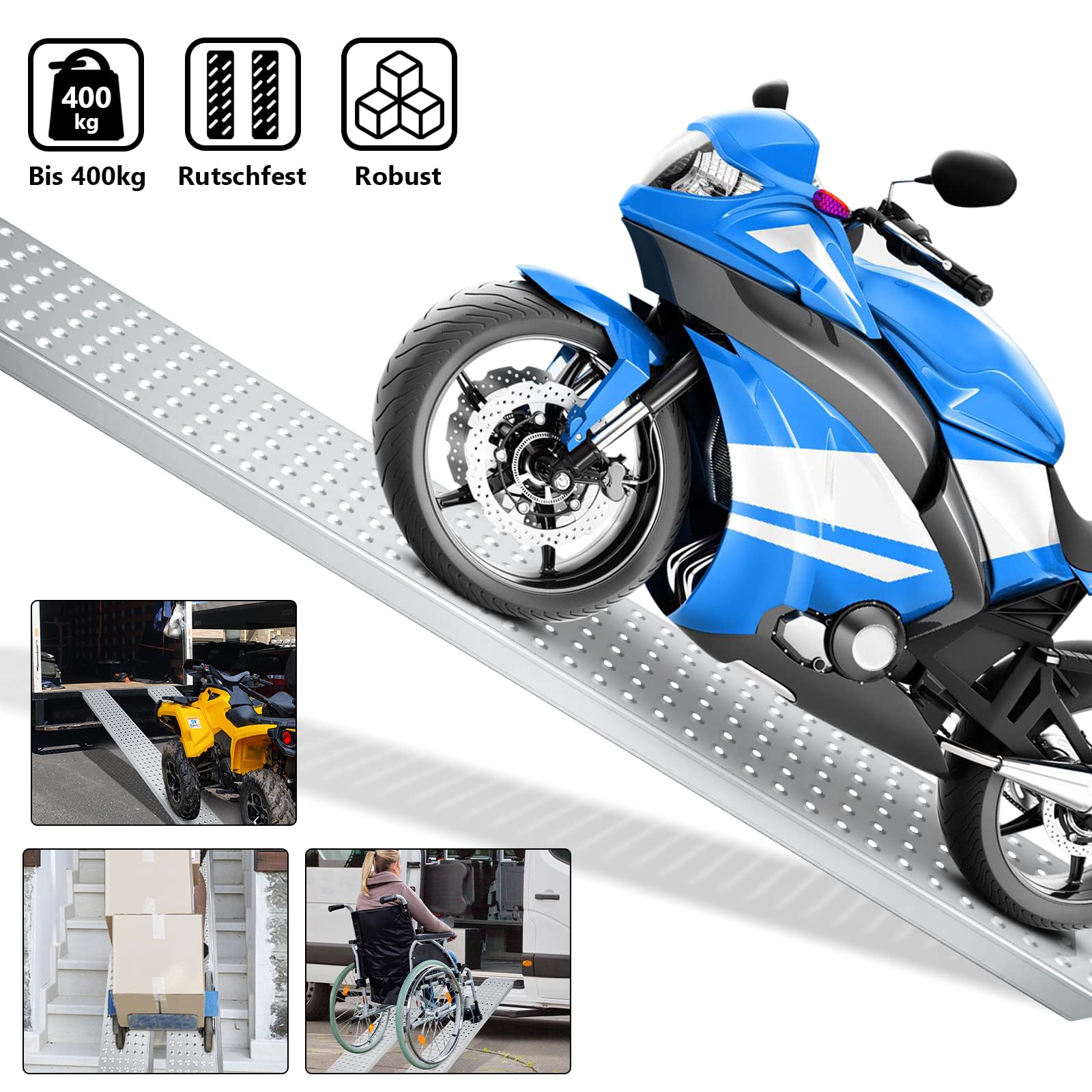 2 x rampa najazdowa, szyna załadunkowa do 400 kg, ze stali ocynkowanej, antypoślizgowa, rampa załadunkowa do motocykli, ATV, quadów, samochodów osobowych, 160 x 23,5 x 4 cm