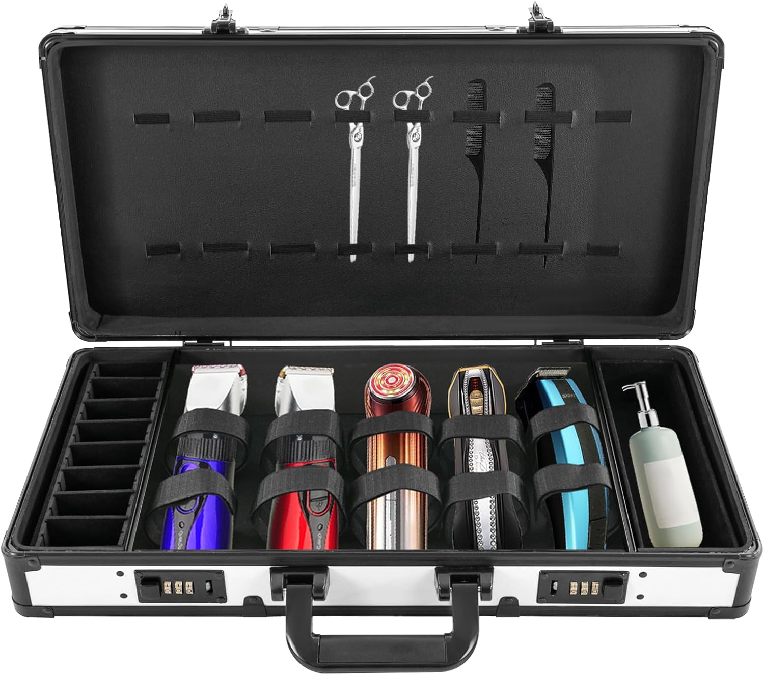 Professional Barber Case, Beauty Salon Barber Box with Secure Numlock, Hair Stylist Tool Kits Organizer Portable Barber Travel Carry Case for Clippers and Supplies Storage (Black&Silver)