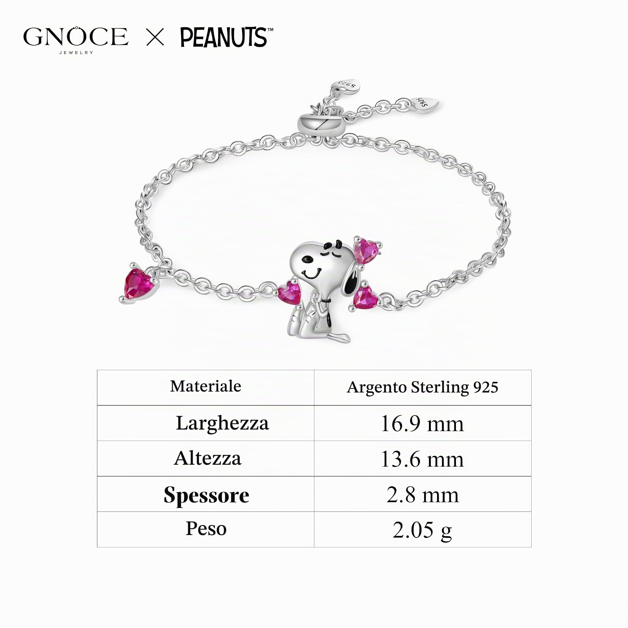 GNOCE Bracciale Peanuts Snoopy Cuore Argento Sterling 925 Regolabile - Gioielli Regalo Ragazze Bambini