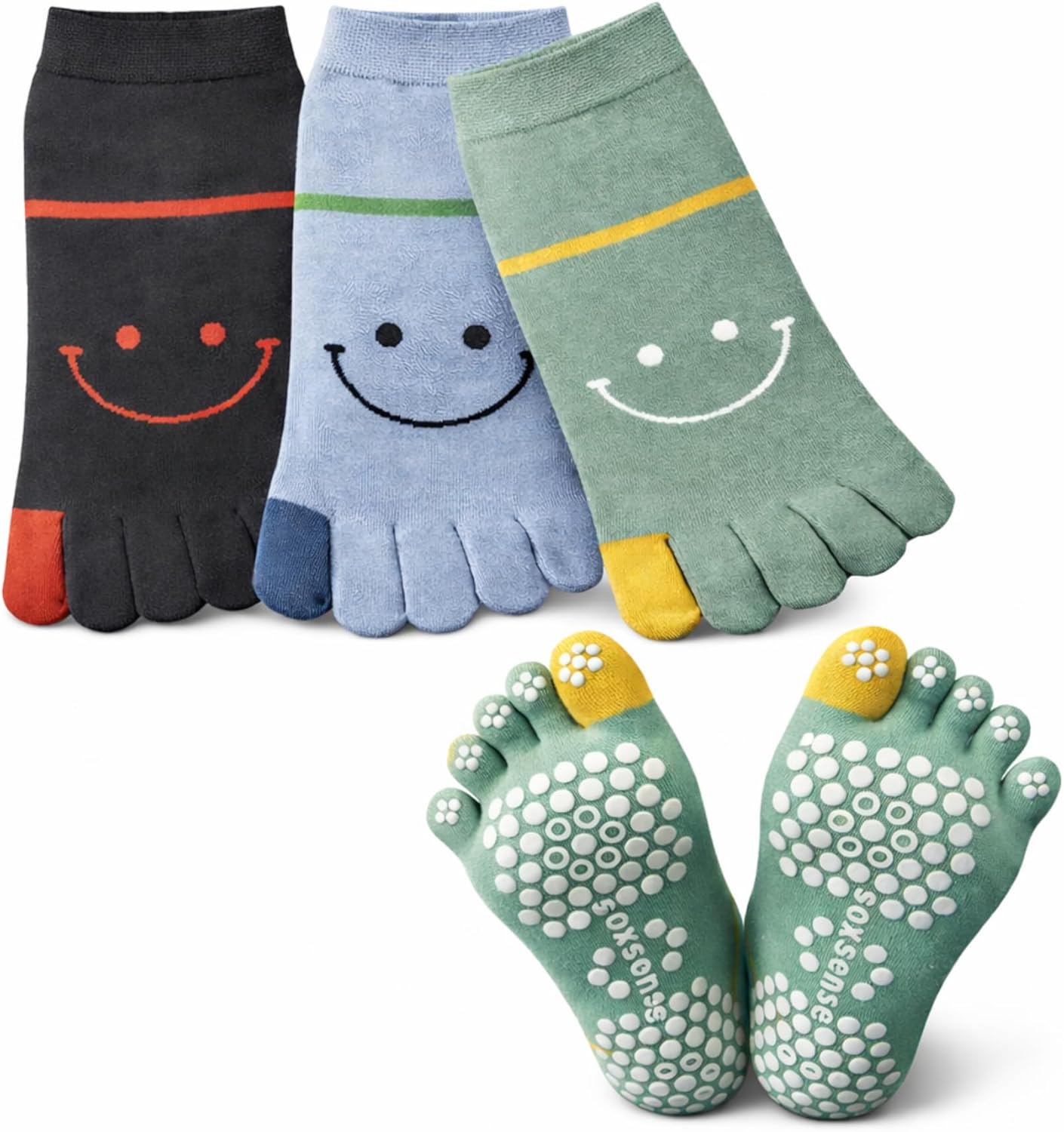 Soxsense Cute Pilates Toe Socks with Grips Non-Slip Five Finger Yoga & Barre Workout Socks, A Fun Gift for Happy Healthy Feet