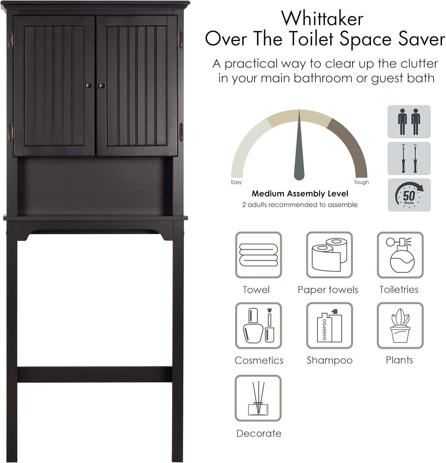 UTEX Bathroom Storage Over The Toilet, Above Toilet Storage Cabinet Organizer with Adjustable Shelves and Double Doors, Espresso