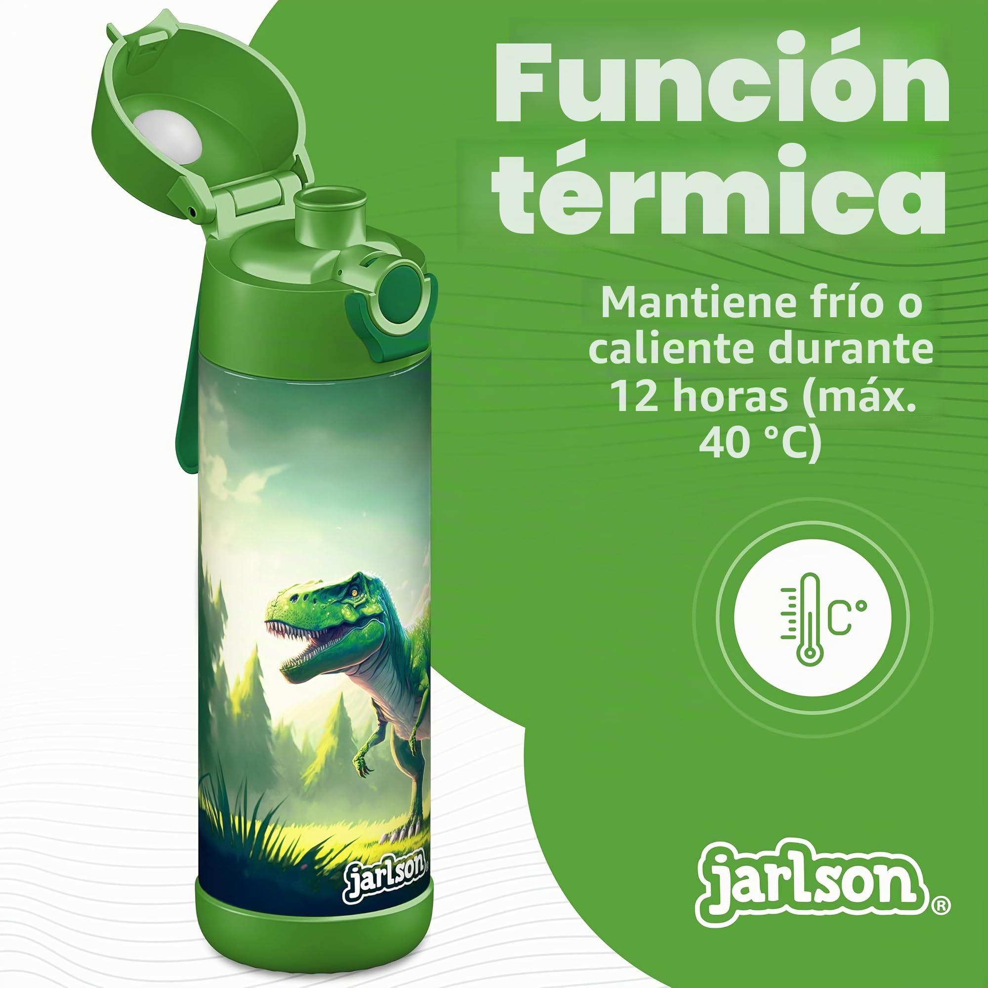 Jarlson® Botella Agua Niños & Niñas MALI [ACERO INOXIDABLE] - Garrafa Térmica Infantil Sin BPA - Water Bottle - Botellas Inox a Prueba de Fugas - Para Escuela & Deportes (500ml Dinosaurio)