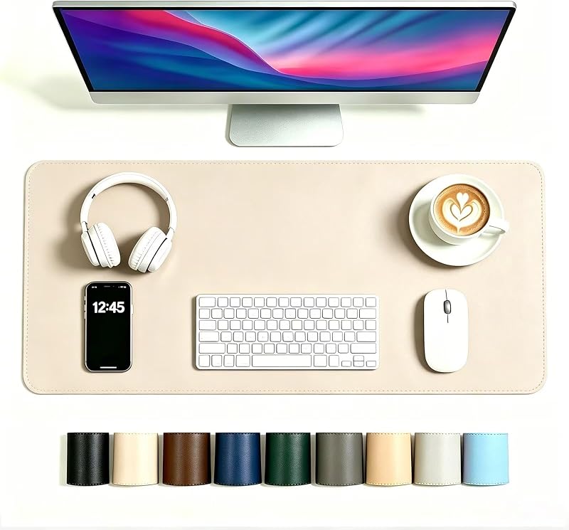 Large Leather Desk Mat - Beige - 30.5 x 59 inch - Full Table Keyboard Cover - Computer Desktop Mat for Typing and Mouse Pad - Workspace Surface - Large Leather Table Pad