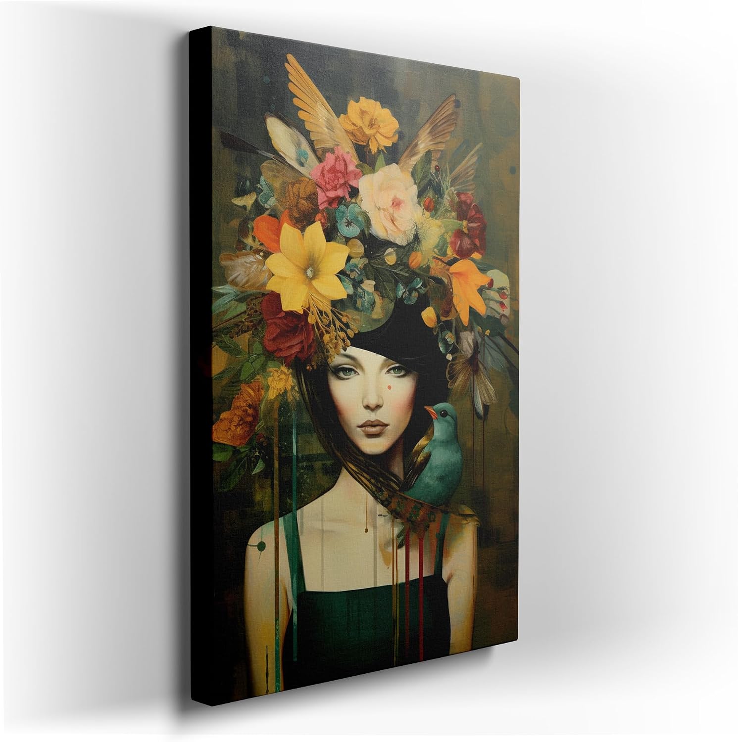 Canvas for Living Room. Enchanted Vision in Oil The Woman with The Floral Headdress and Her Feathered Companion, 27 x 18 inch Canvas Wall Art - Ready to Hang