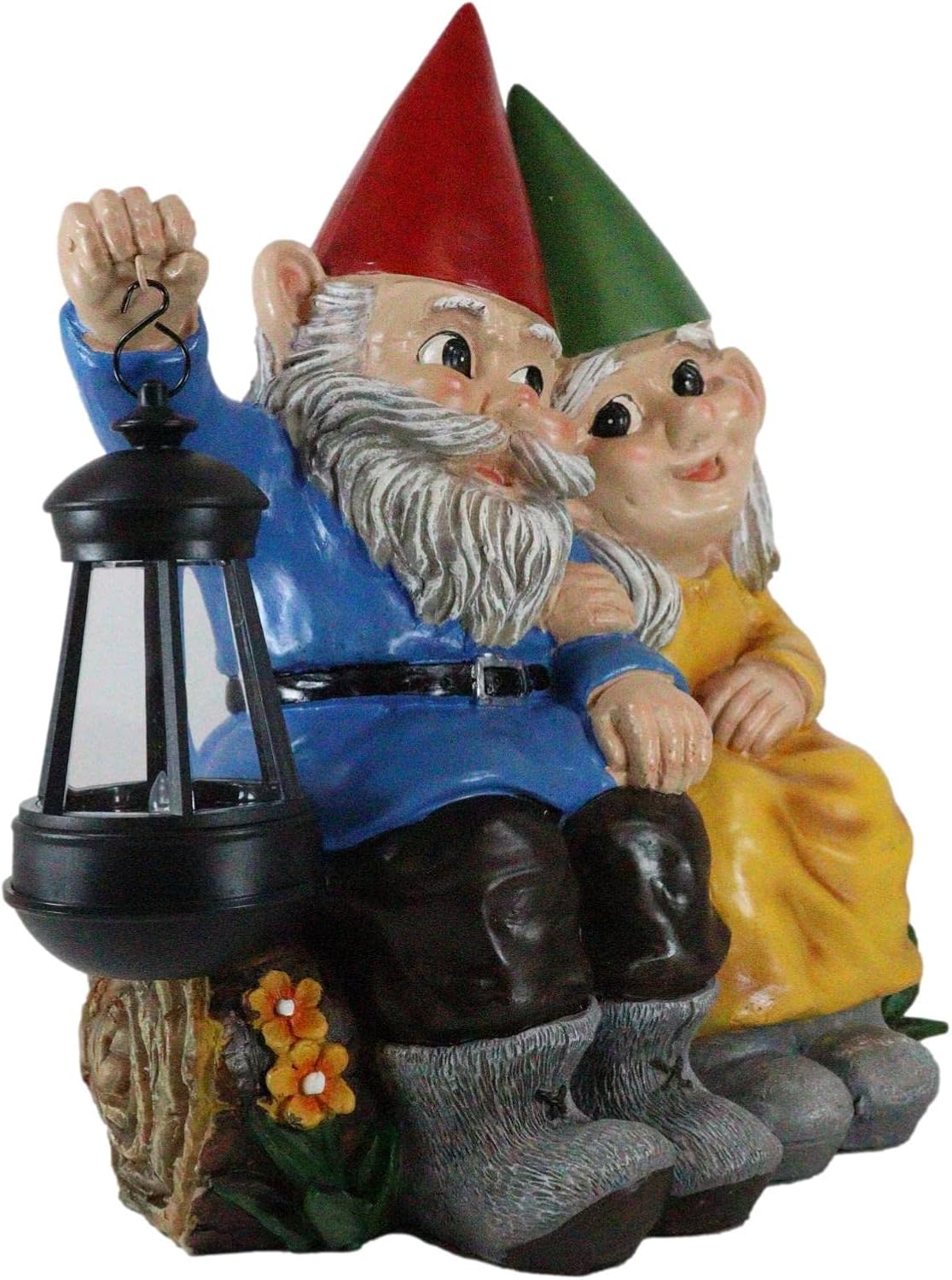 Ebros Large Grow Old with Me Mr and Mrs Gnome On Tree Log Holding Out Solar LED Lantern Light Statue 13.5" Tall for Patio Garden Lawn Home Decor Whimsical Gnomes Figurine