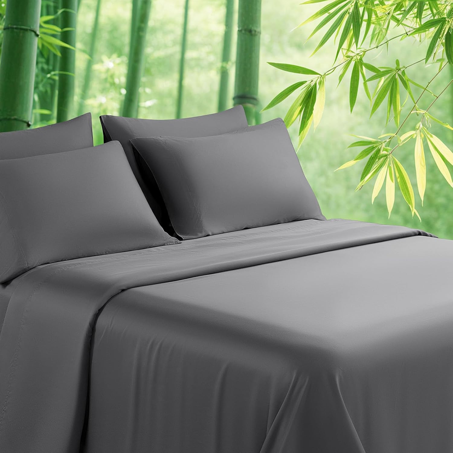 LBRO2M Cooling Bed Sheet 100% Viscose Derived from Bamboo Sheet Set Queen Size 6 Piece,16" Deep Pocket, 1800 TC Sheet Super Soft Silky Smooth,Breathable Cool (Queen Dark Gray)