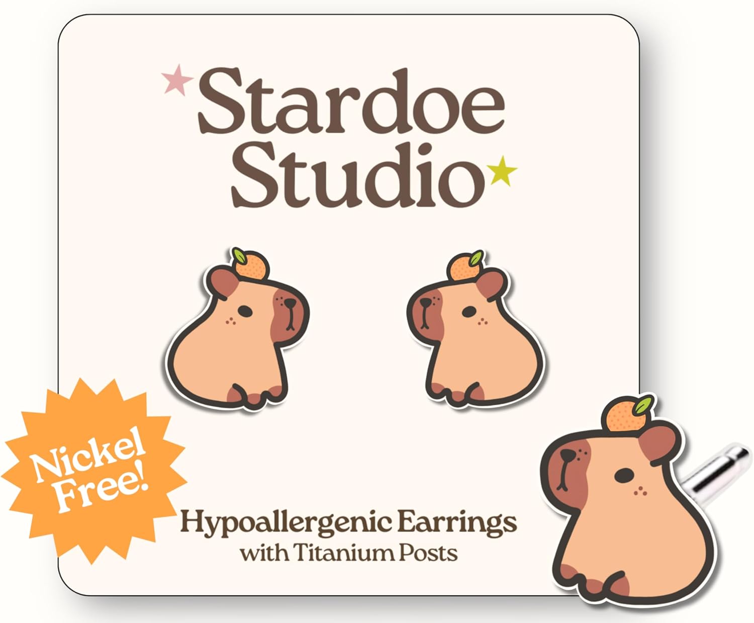 Capybara Earrings, Cute Jewelry for Kids and Unisex Adults, Fun Orange Capybara Animal Earrings, Hypoallergenic Earrings for Girls and Boys, Happy Capy Water Pig Studs with Fruit
