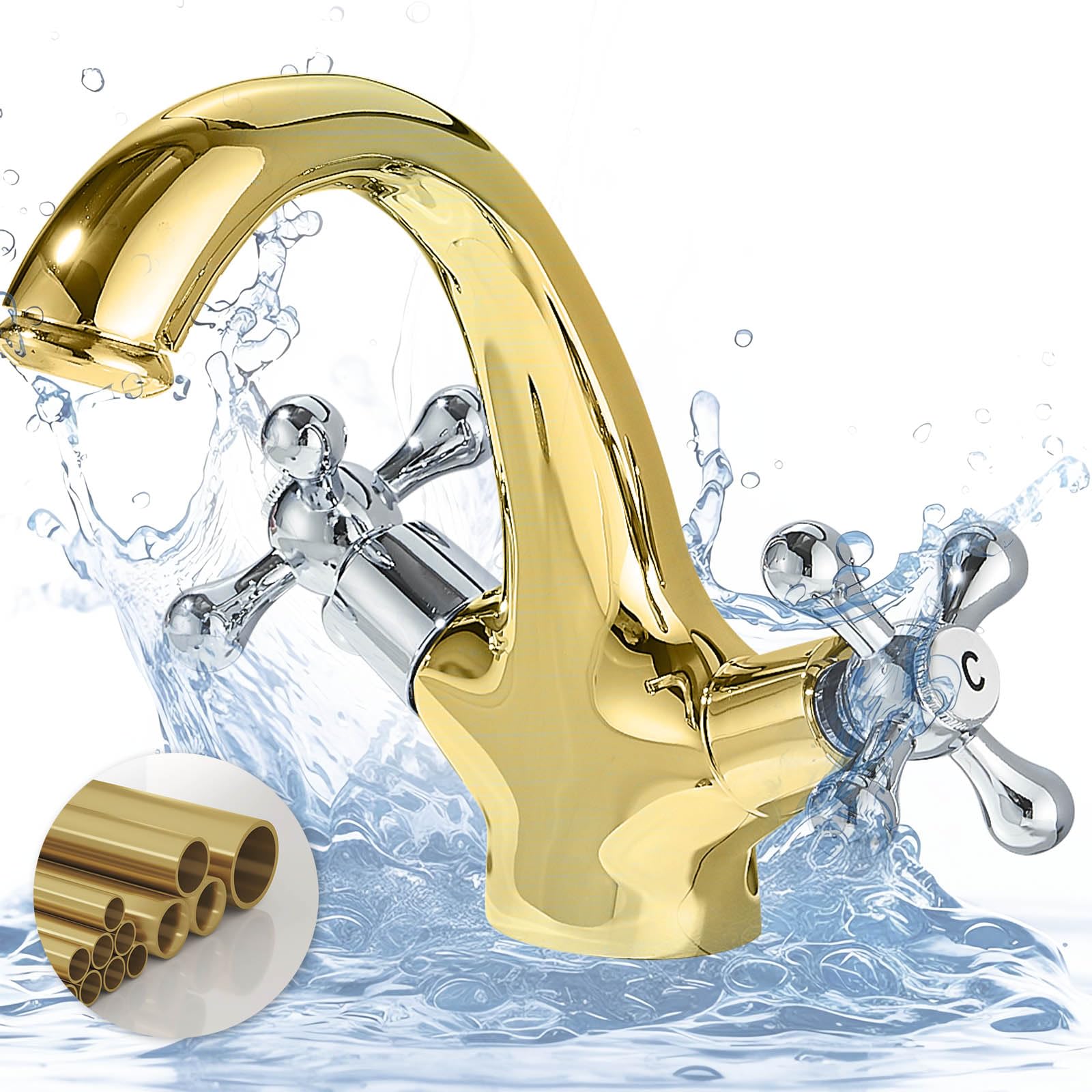 Rubinetto tradizionale vittoriano per lavabo, doppia maniglia a croce, rubinetto monoblocco per lavabo con scarico pop-up e tubi britannici, finitura cromata lucida anticata, beccuccio a
