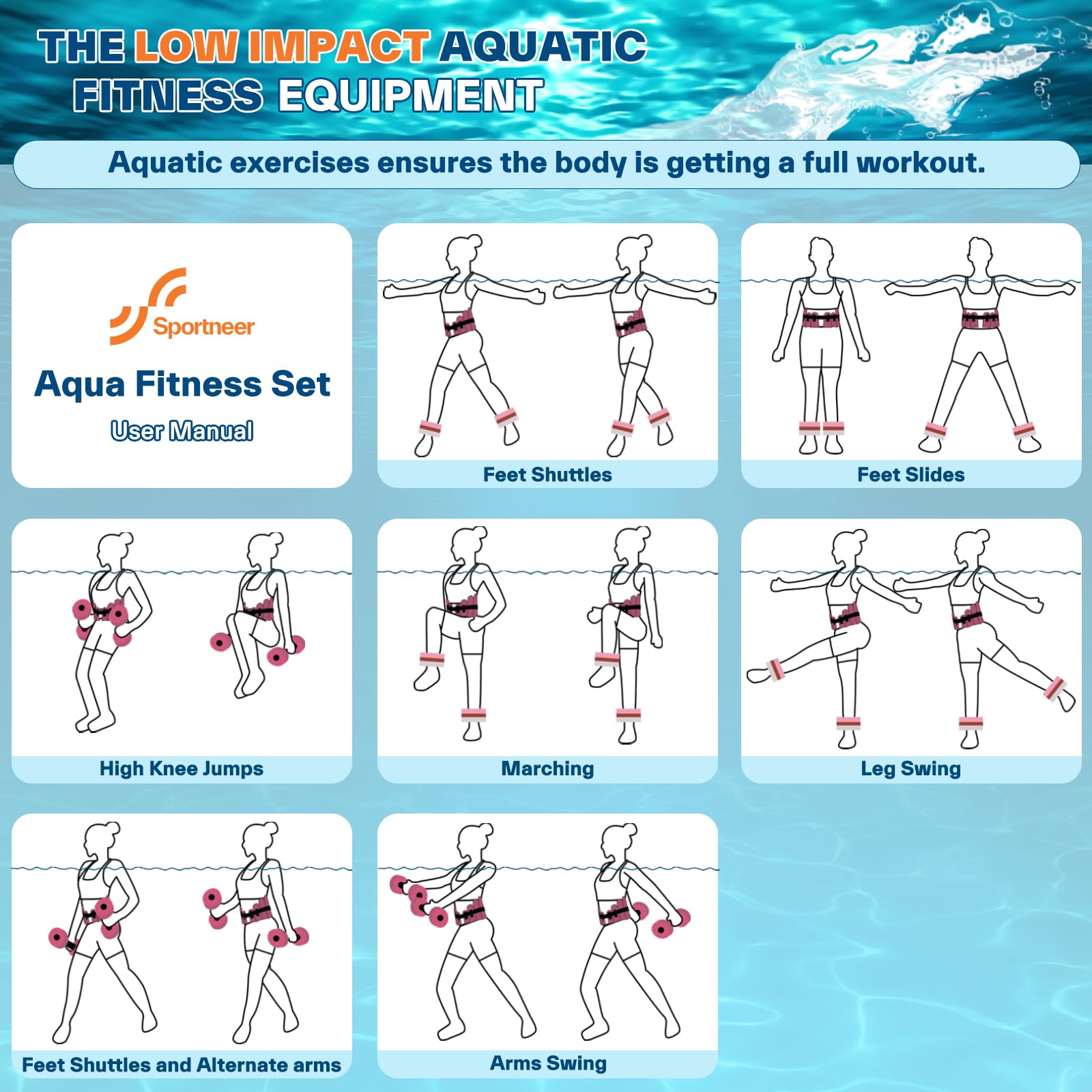 Sportneer Kit d'accessoires d'aquagym 3 en 1 pour adultes et appareils de sports nautiques 1