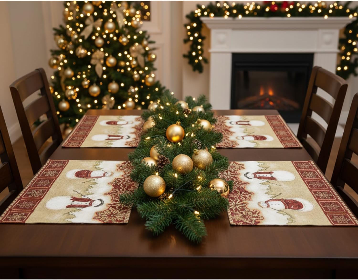 Tache Mr. and Mrs. Snowman Couple Vintage Christmas Eve Holiday Snowflakes Traditional Red Beige Decorative Woven Tapestry Placemats, 13x19”